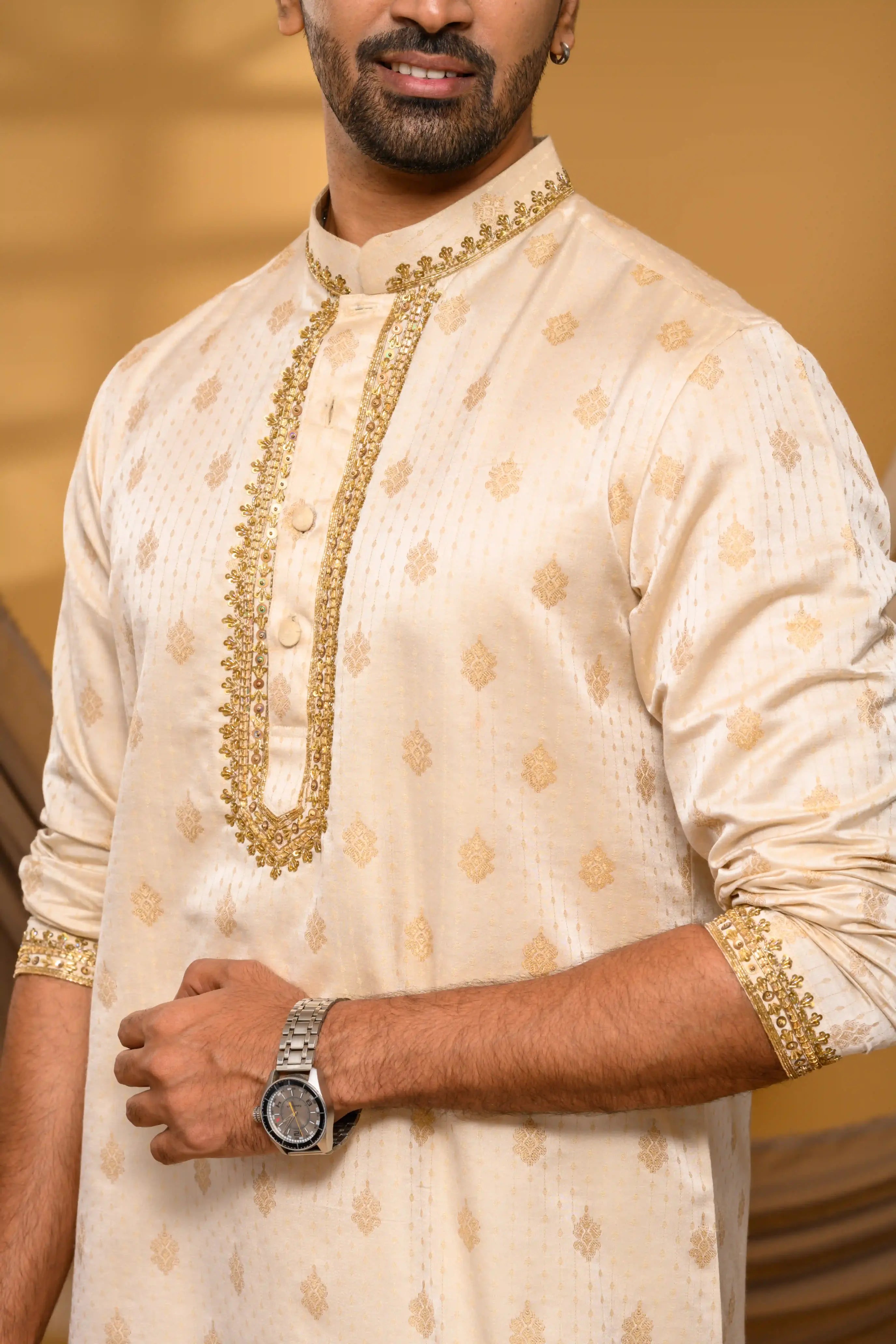 Light Golden Heavy Brocade Silk Kurta with Hand Embroidery Detailing (Kurta Only)