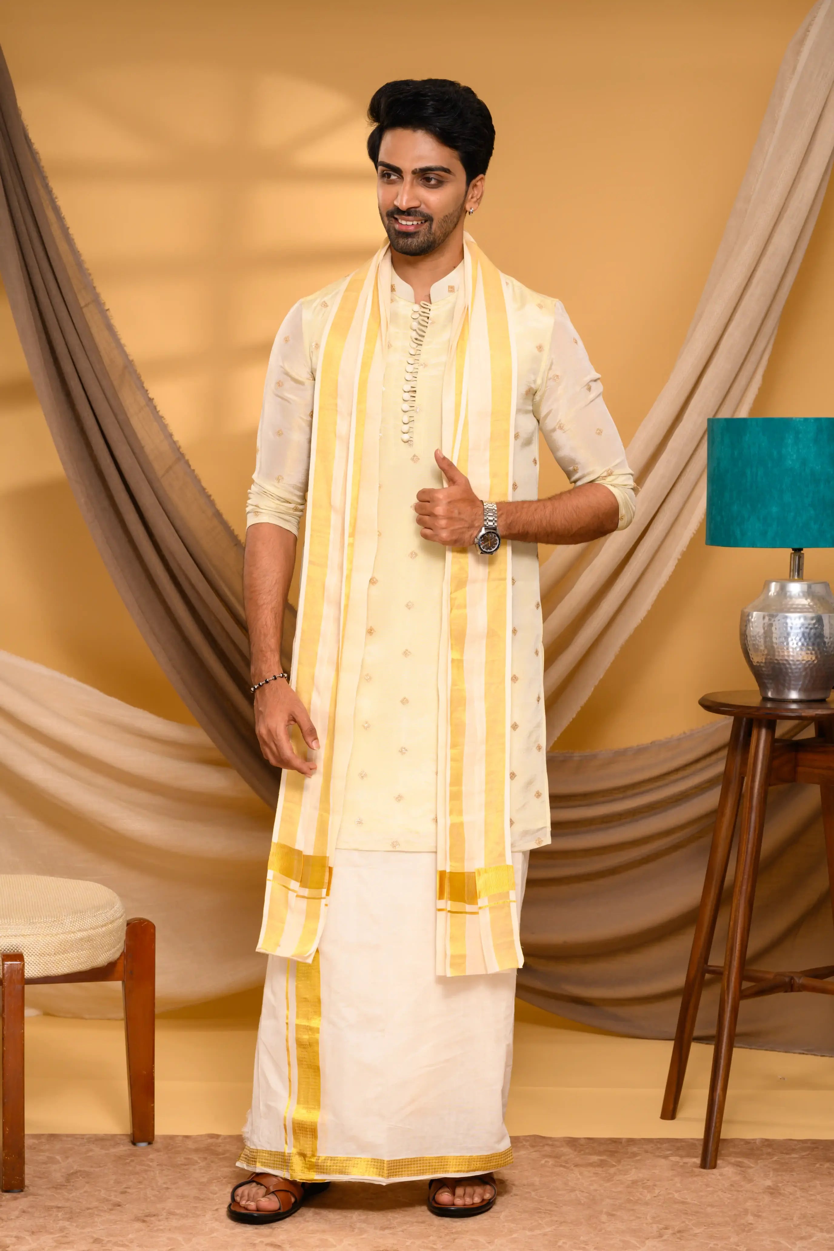 Light Golden Tissue Silk Kurta with Buta detailing (Kurta Only)