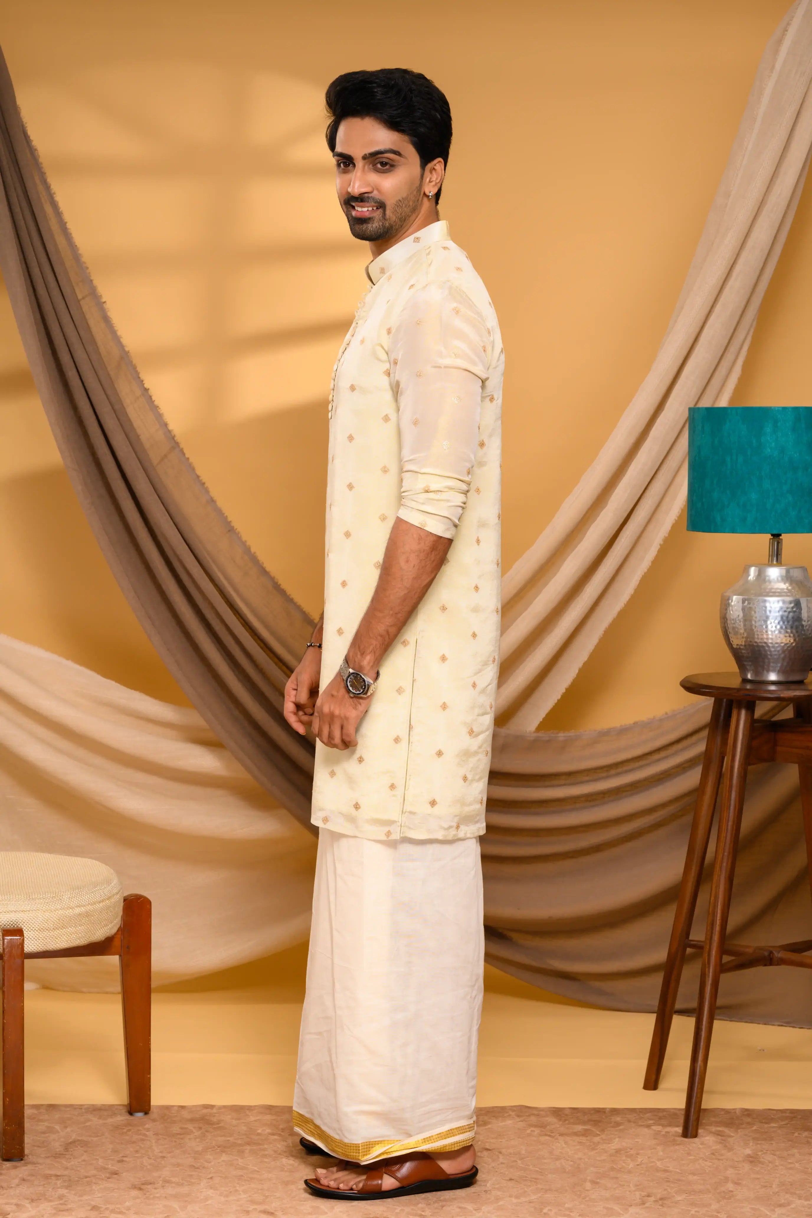 Light Golden Tissue Silk Kurta with Buta detailing (Kurta Only)