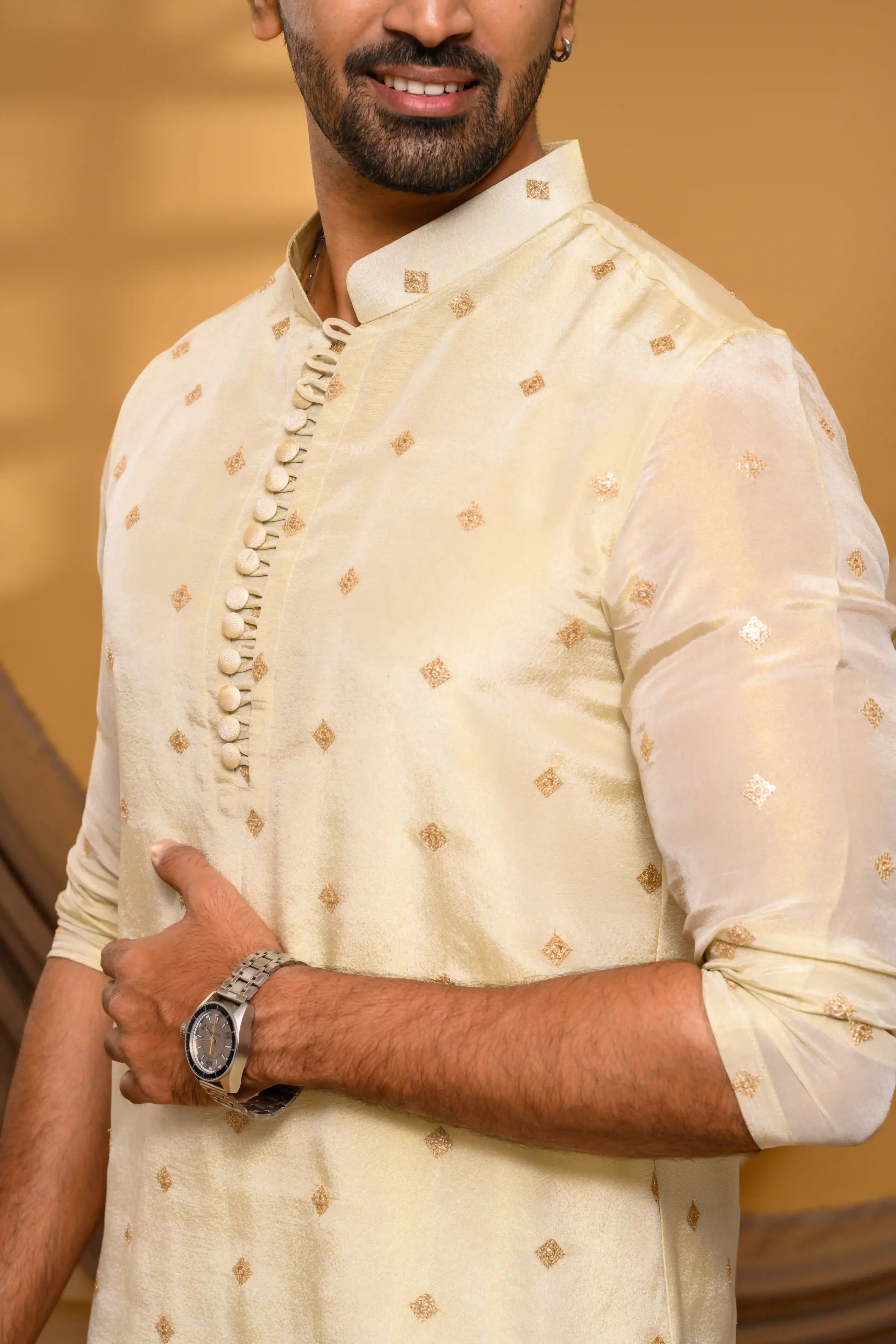 Light Golden Tissue Silk Kurta with Buta detailing (Kurta Only)