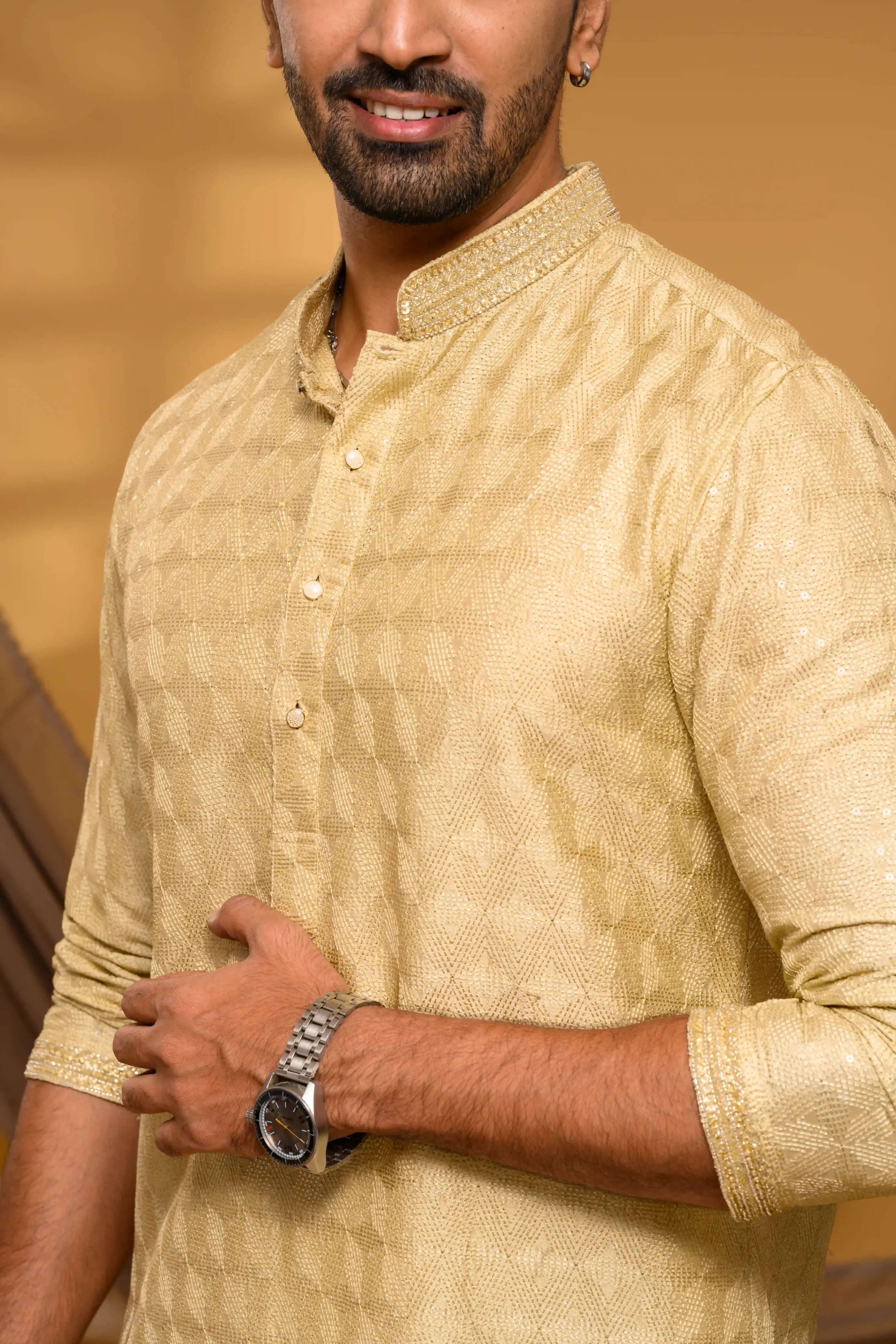 Golden Silk Kurta with all over Surface Embroidery & Neck/Sleeve Zari Detailing (Kurta Only)
