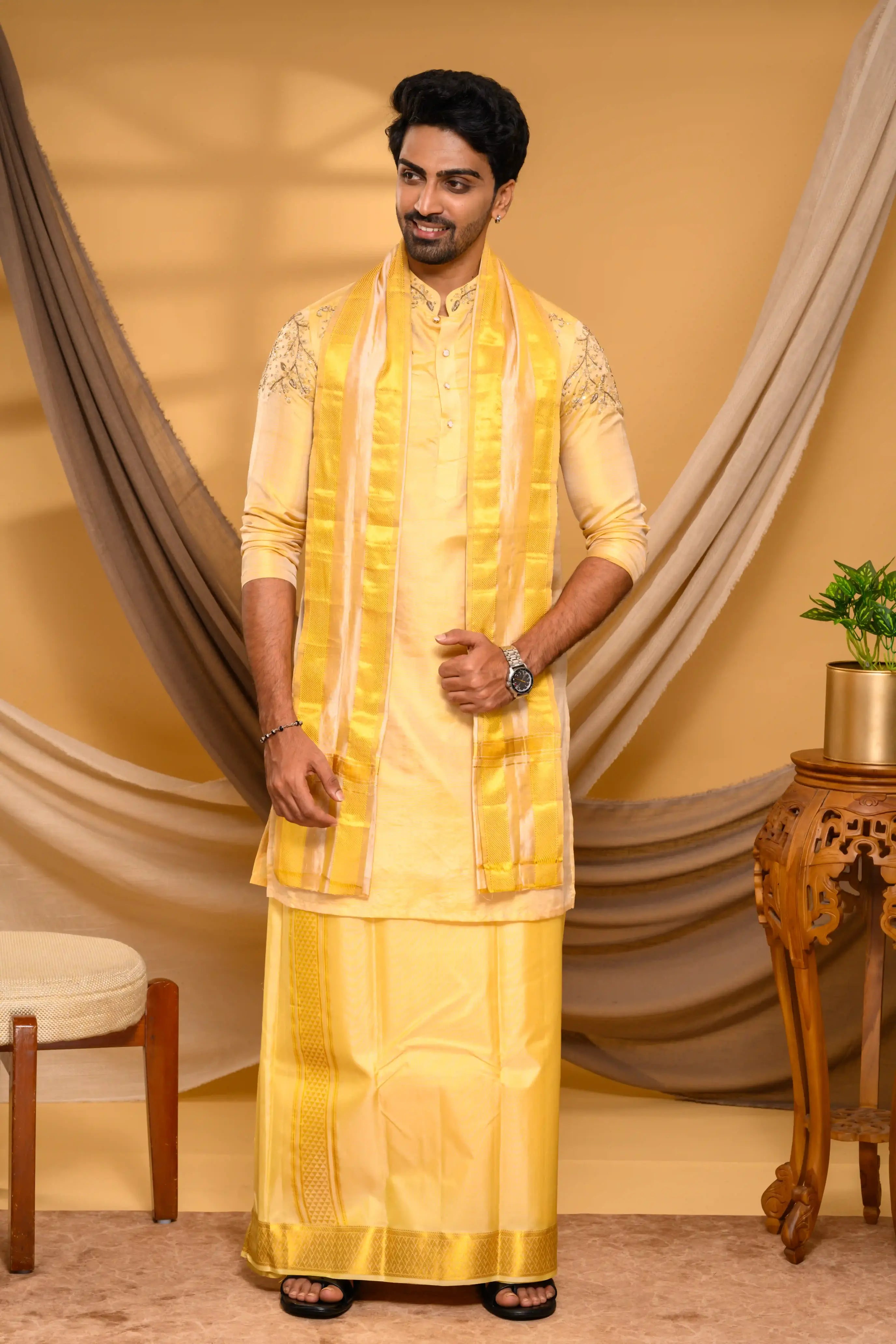 Golden Pure Silk Kurta with Heavy Floral Handwork Detailing on Shoulders, Sleeves & Neck (Kurta Only)