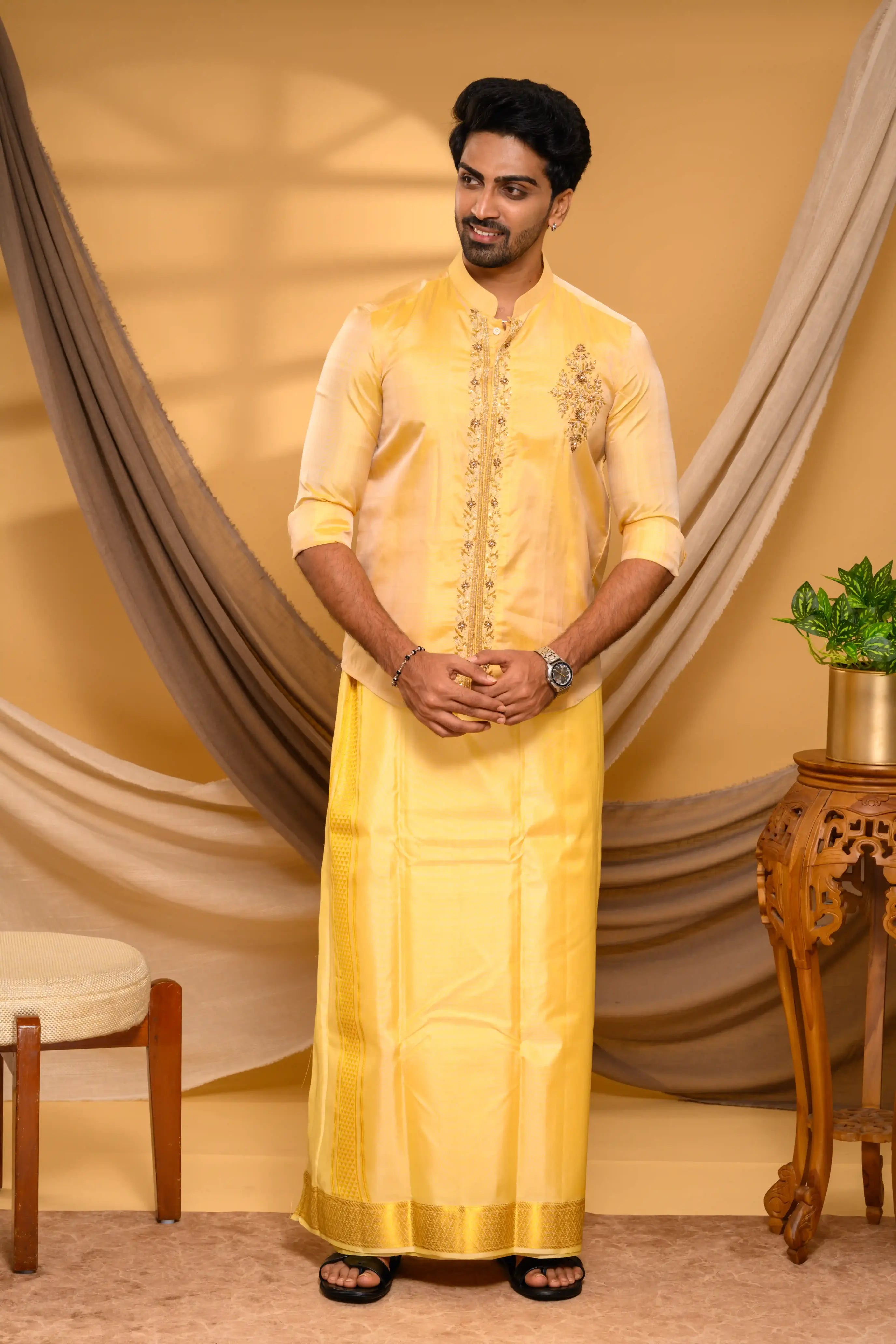 Golden Pure Silk Shirt with Heavy Floral Handwork Detailing on Chest & Concealed Placket (Shirt Only )
