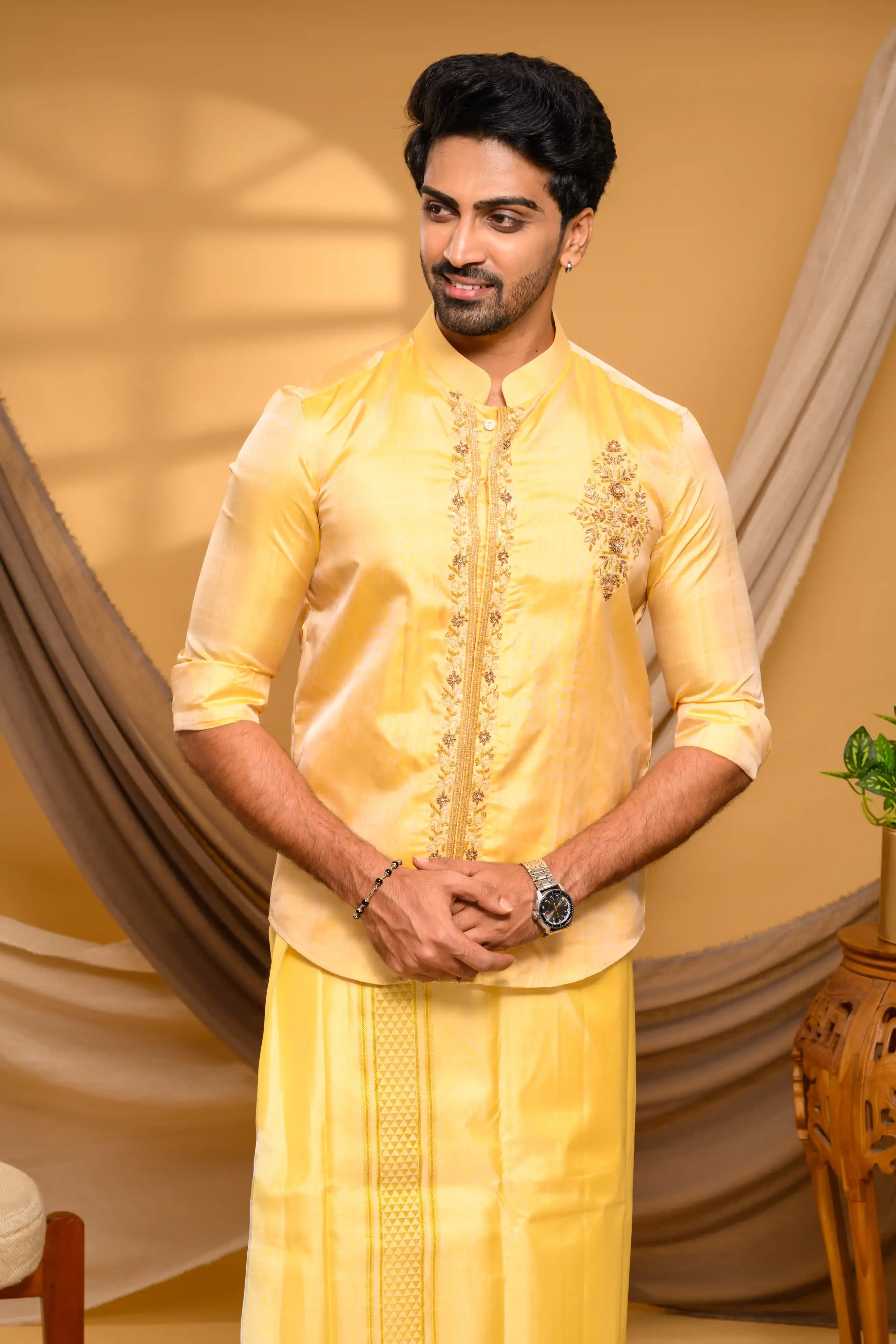 Golden Pure Silk Shirt with Heavy Floral Handwork Detailing on Chest & Concealed Placket (Shirt Only )