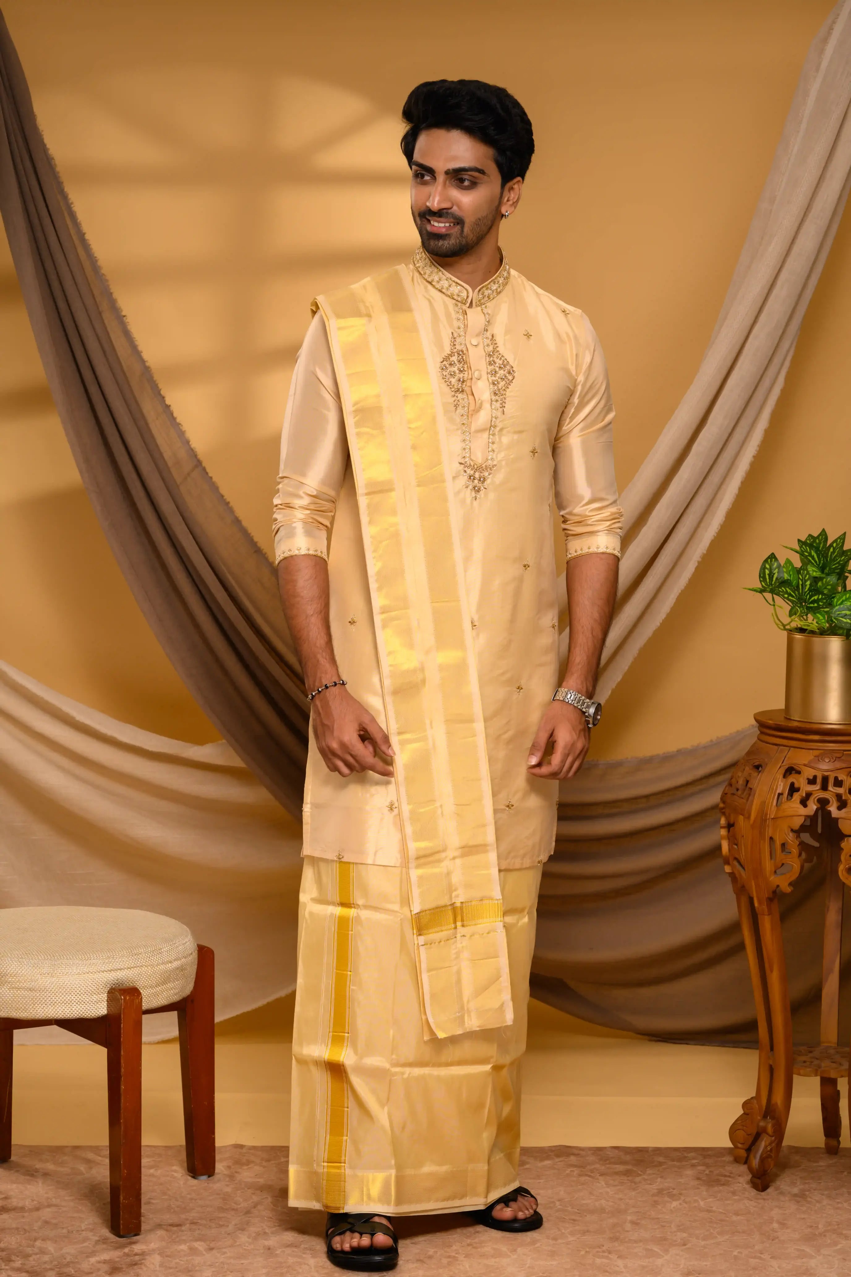 Light Golden Pure Silk Kurta with Heavy Floral Handwork Detailing on Neck, placket & sleeve edge (Kurta Only)