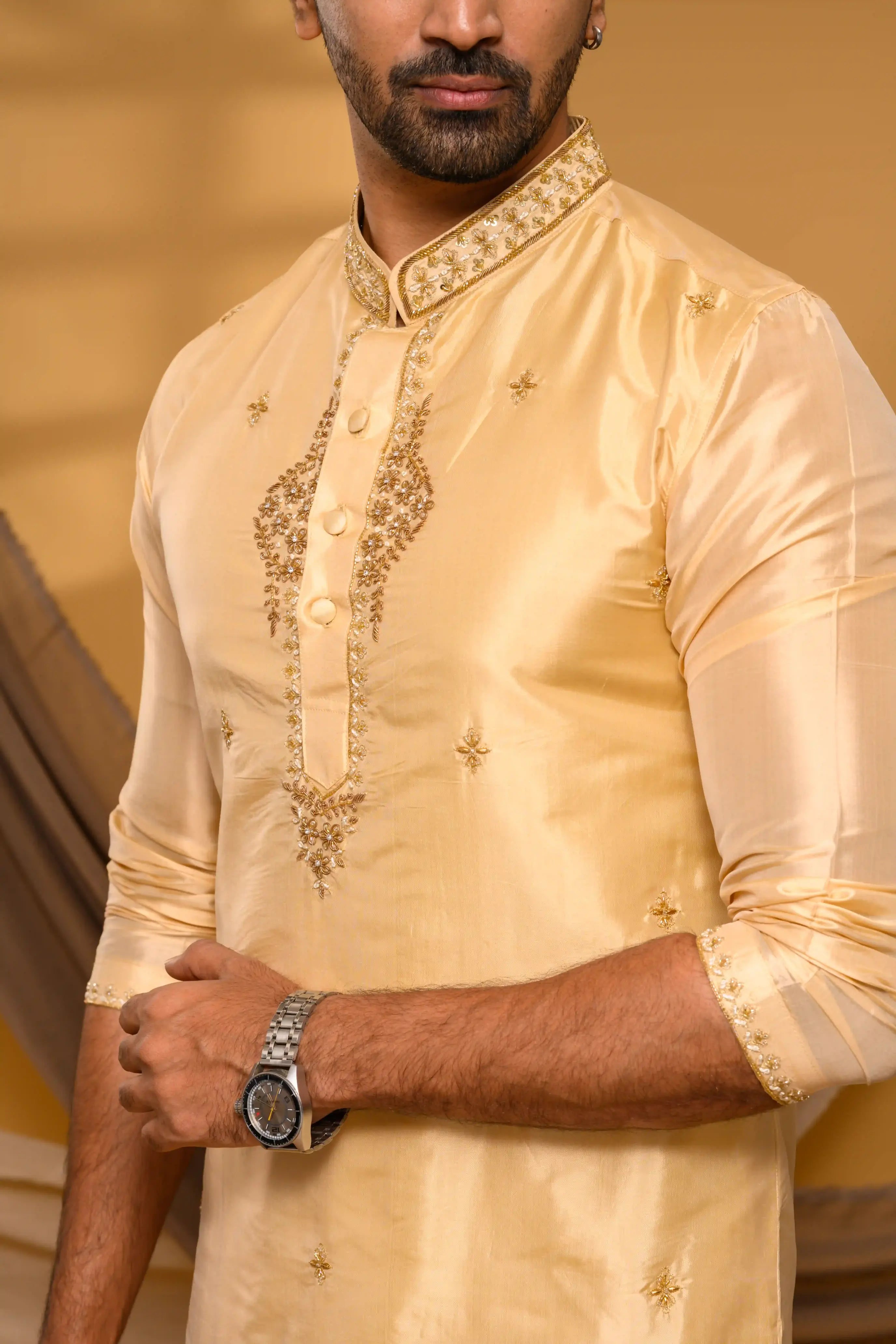 Light Golden Pure Silk Kurta with Heavy Floral Handwork Detailing on Neck, placket & sleeve edge (Kurta Only)