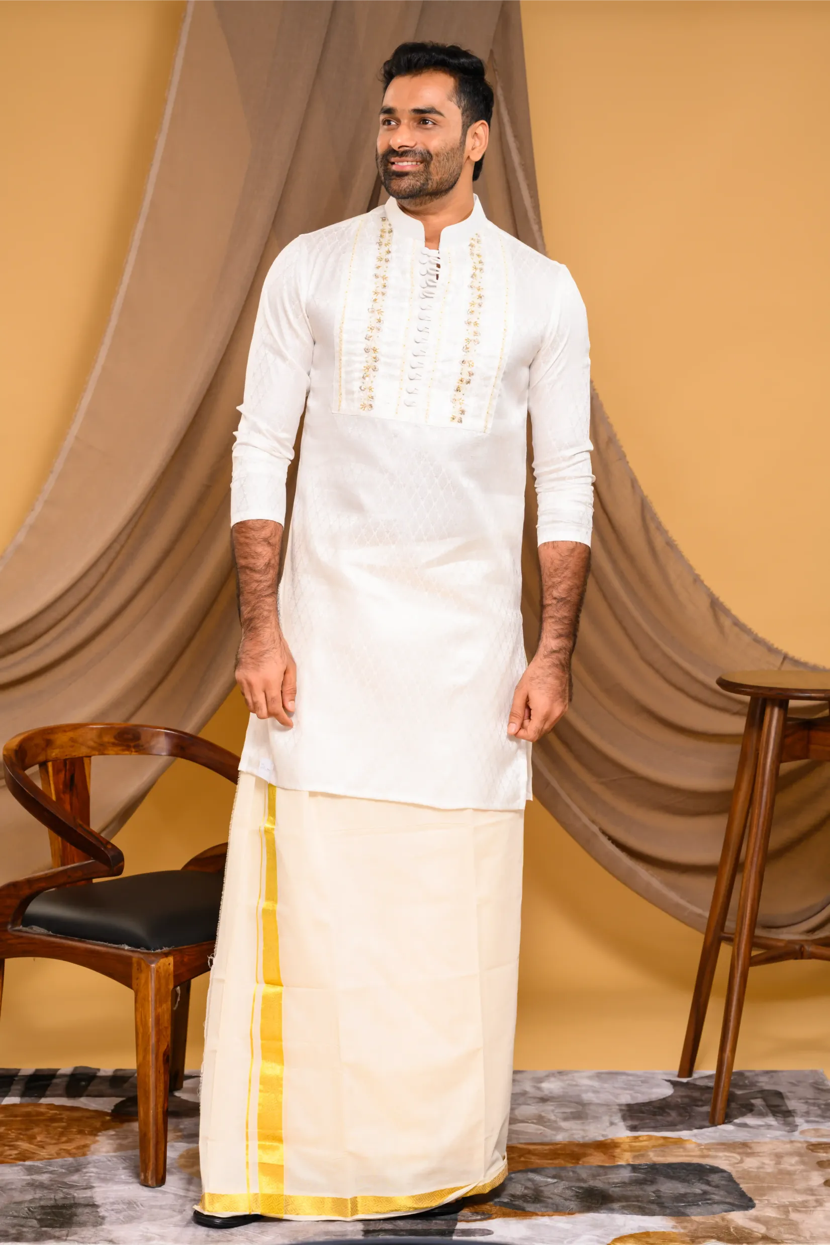 Ivory Silk Brocade Kurta with Heavy Golden Handwork detailing on wide Placket Border(Kurta Only)