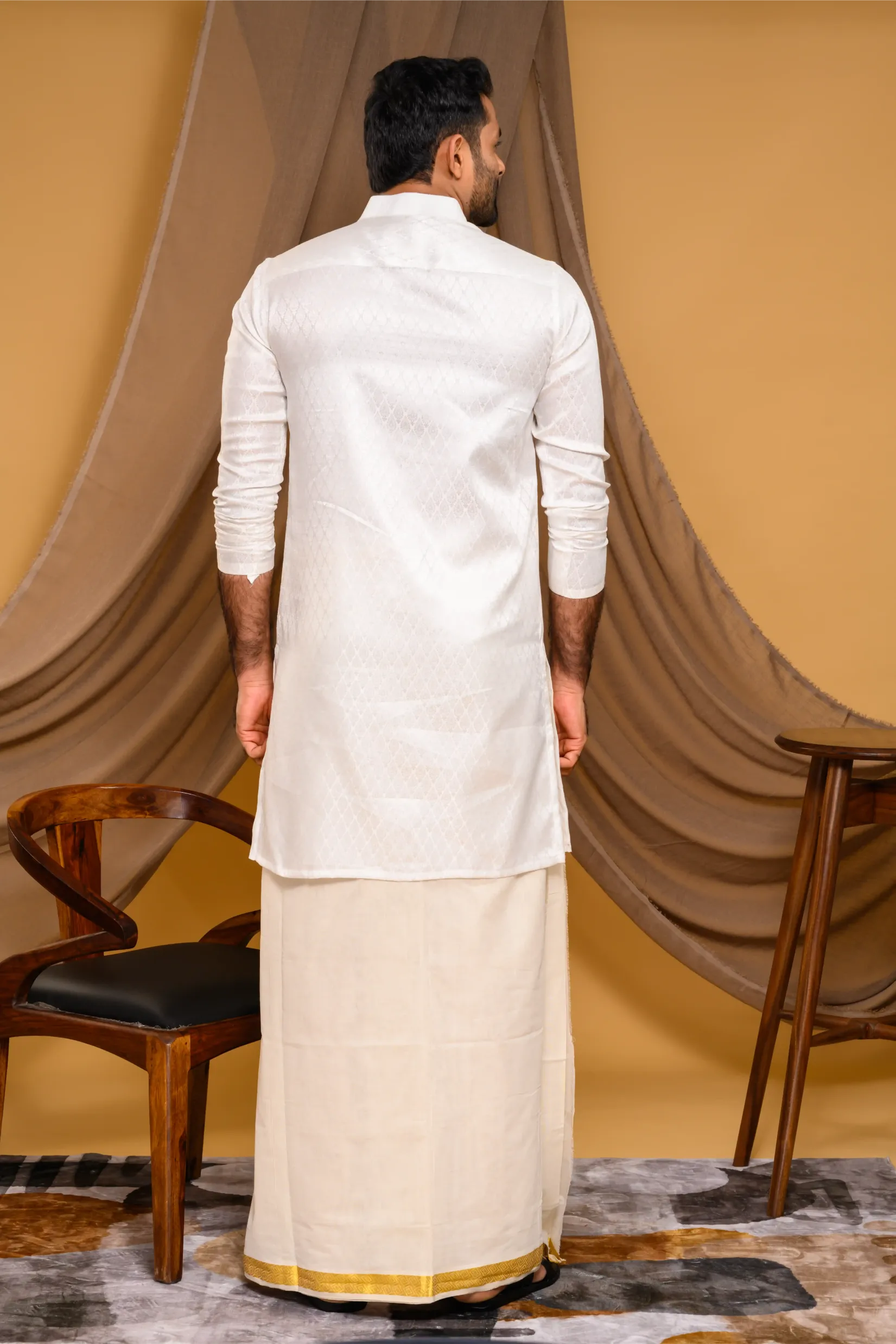 Ivory Silk Brocade Kurta with Heavy Golden Handwork detailing on wide Placket Border(Kurta Only)