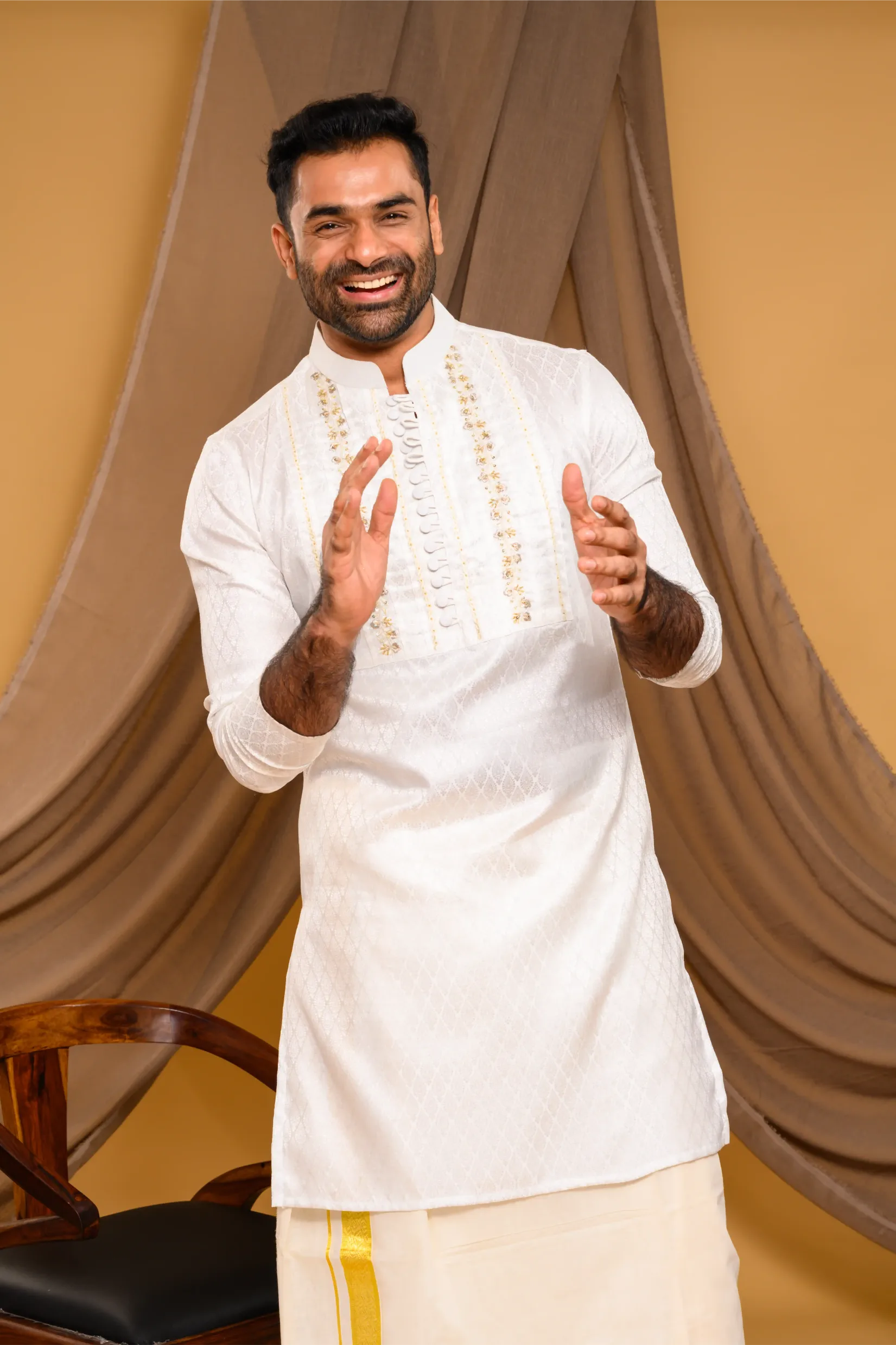 Ivory Silk Brocade Kurta with Heavy Golden Handwork detailing on wide Placket Border(Kurta Only)