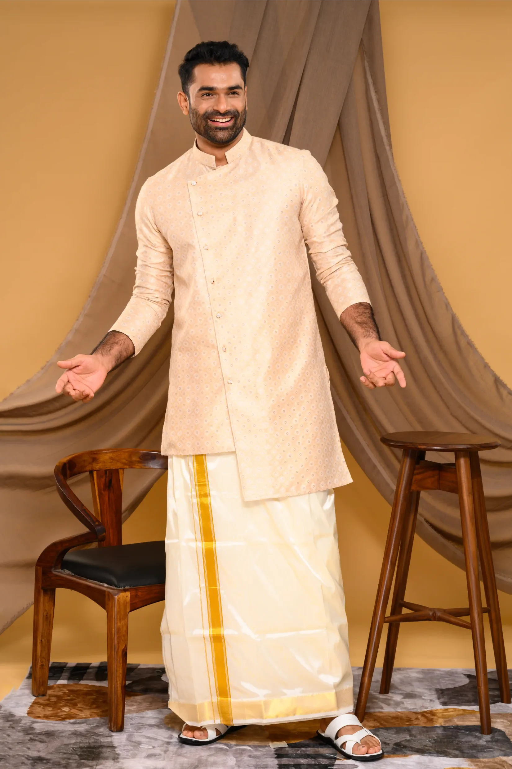 Light Champagne Golden Side Open Asymmetrical Brocade Kurta (Kurta Only)