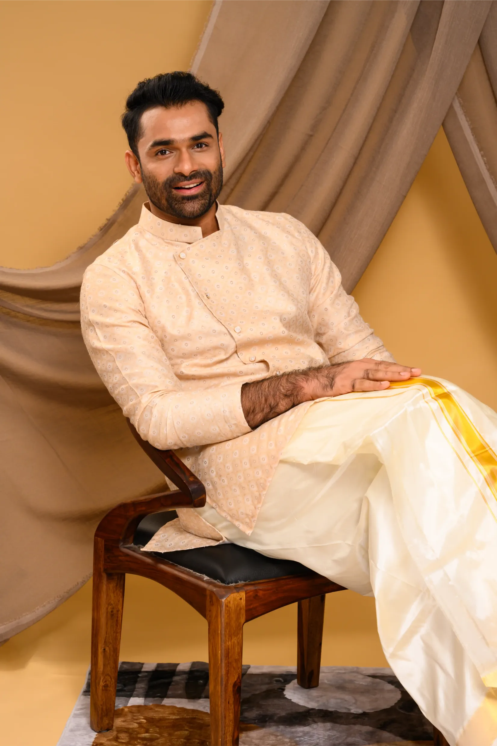 Light Champagne Golden Side Open Asymmetrical Brocade Kurta (Kurta + Munde)