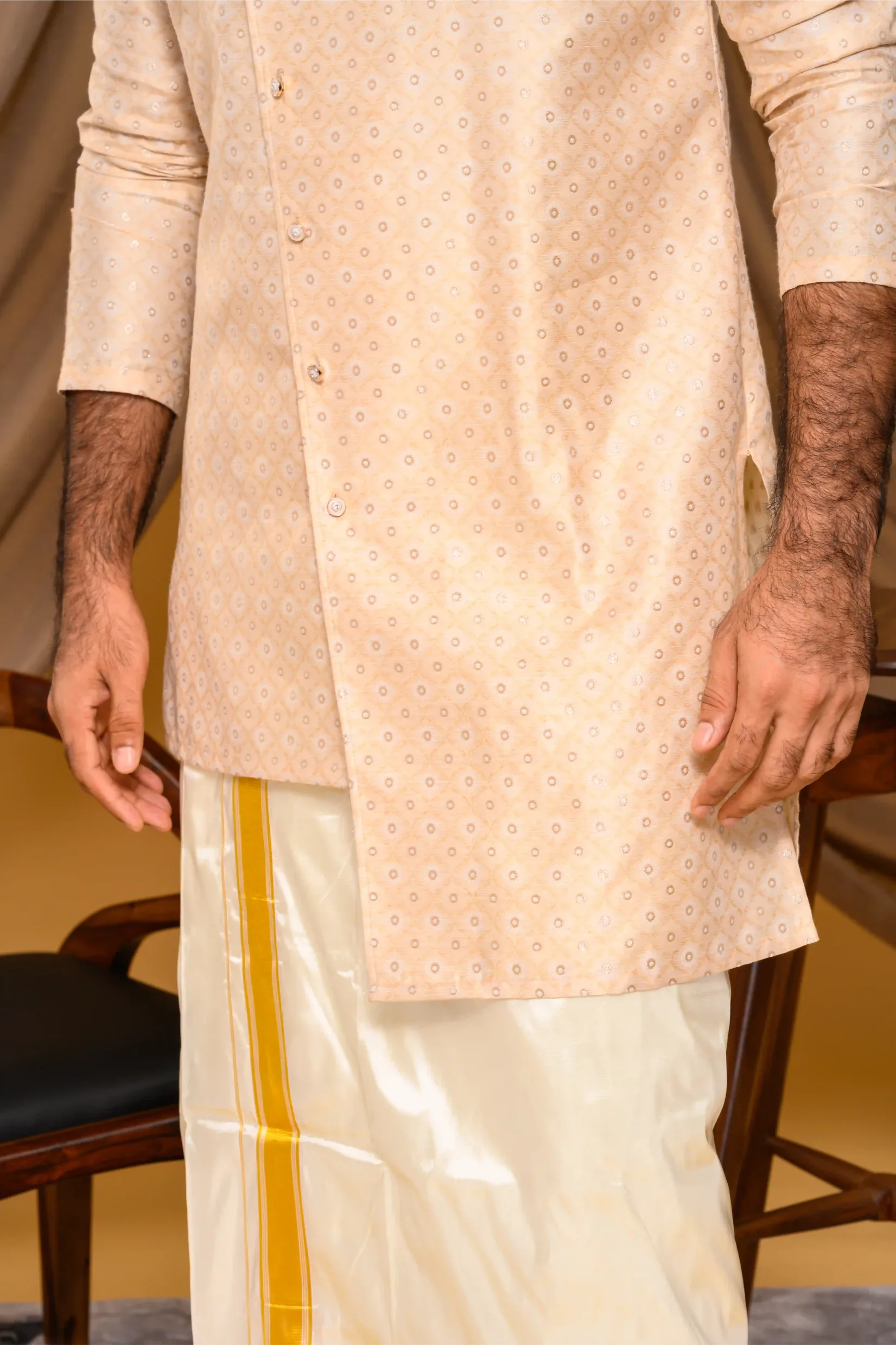 Light Champagne Golden Side Open Asymmetrical Brocade Kurta (Kurta + Munde)
