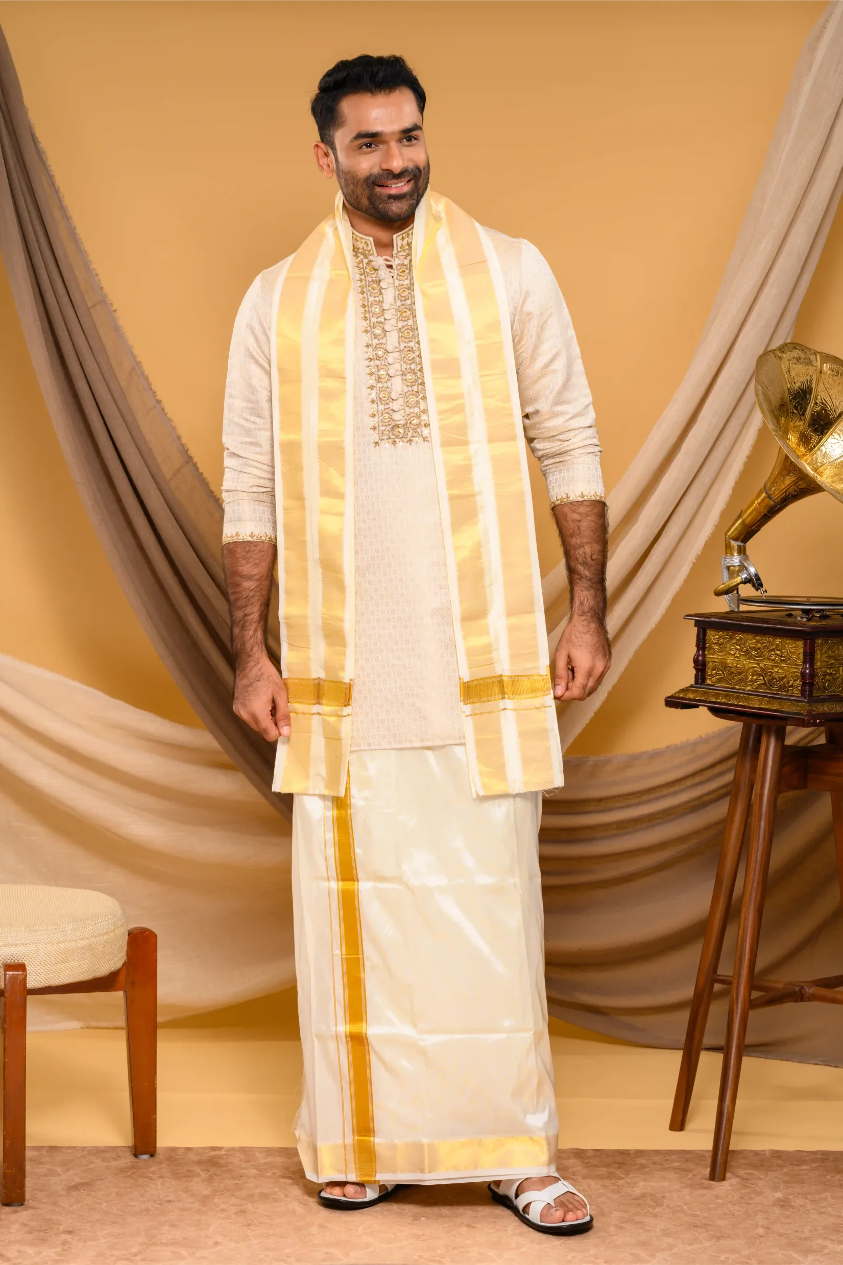 Oatmeal golden Silk Brocade Kurta with Heavy Golden Handwork detailing on neck, placket border & sleeve edge (Kurta Only)
