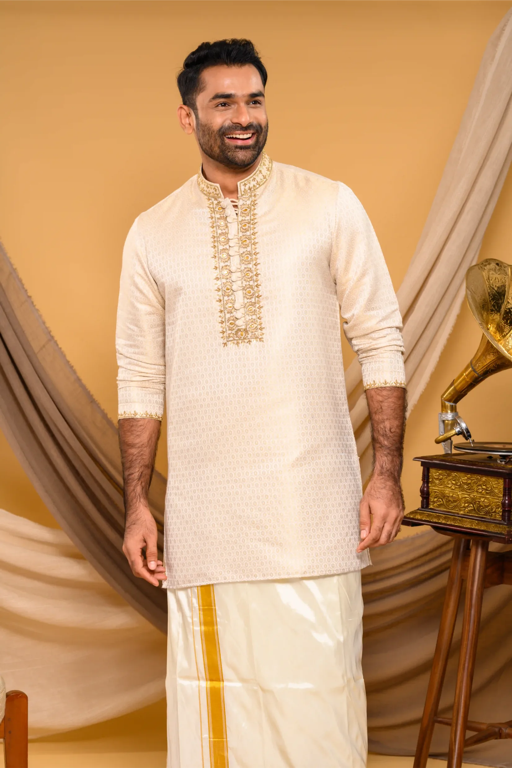 Oatmeal golden Silk Brocade Kurta with Heavy Golden Handwork detailing on neck, placket border & sleeve edge (Kurta Only)