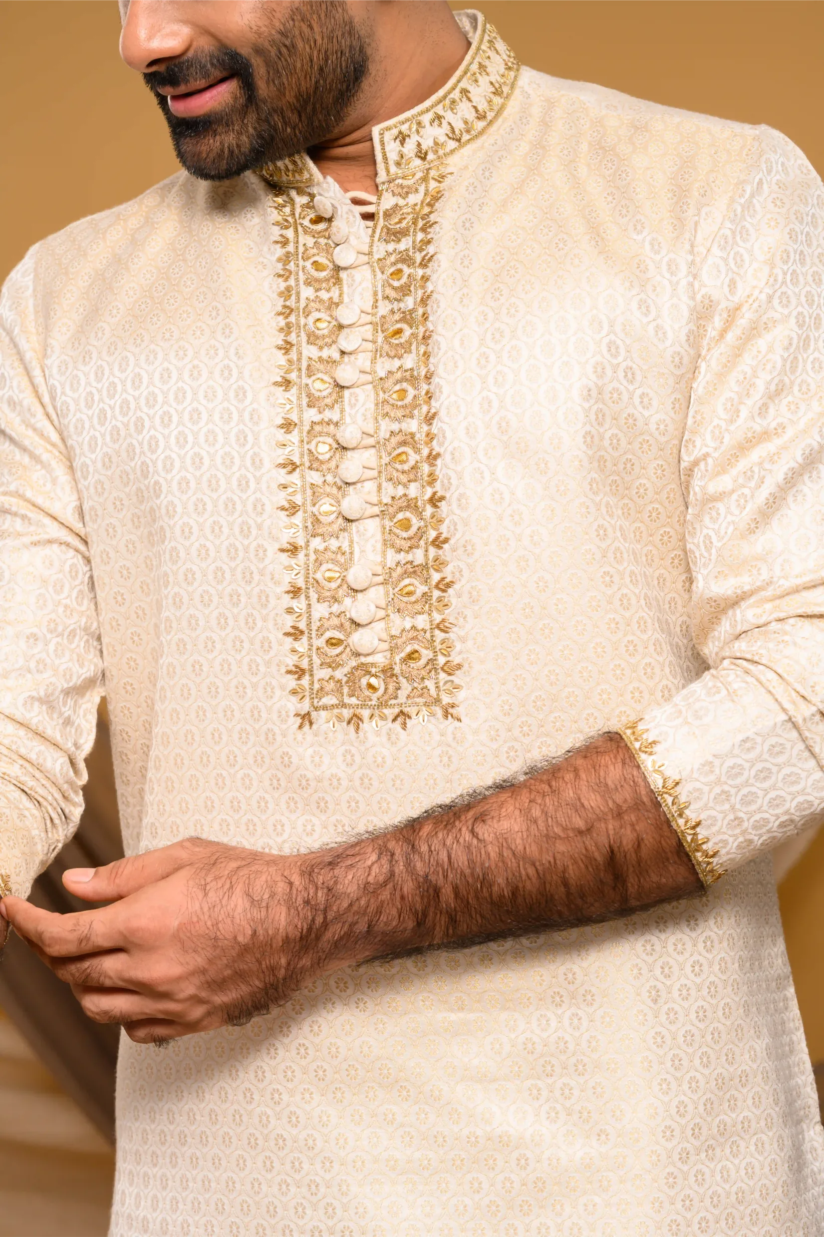 Oatmeal golden Silk Brocade Kurta with Heavy Golden Handwork detailing on neck, placket border & sleeve edge (Kurta Only)