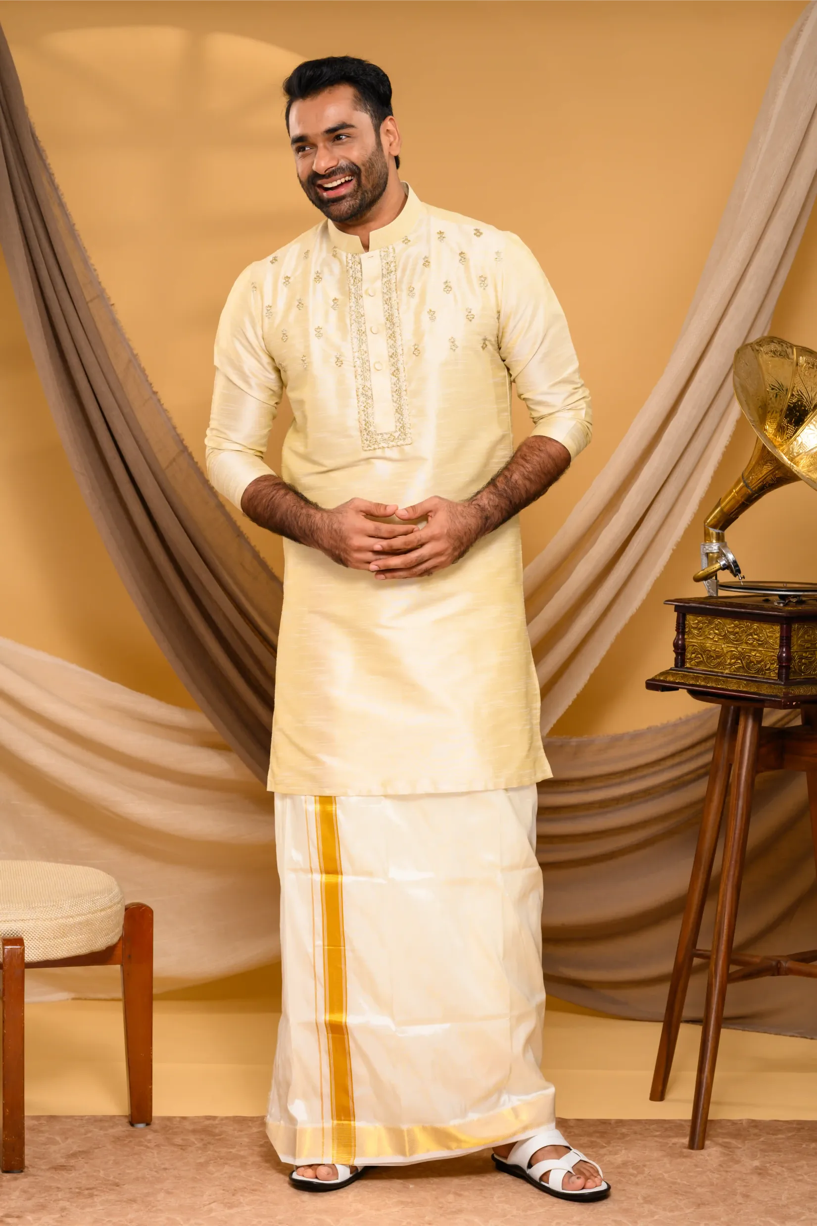 Light Golden Silk Kurta with Golden Handwork detailing on placket border & Chest (Kurta Only)