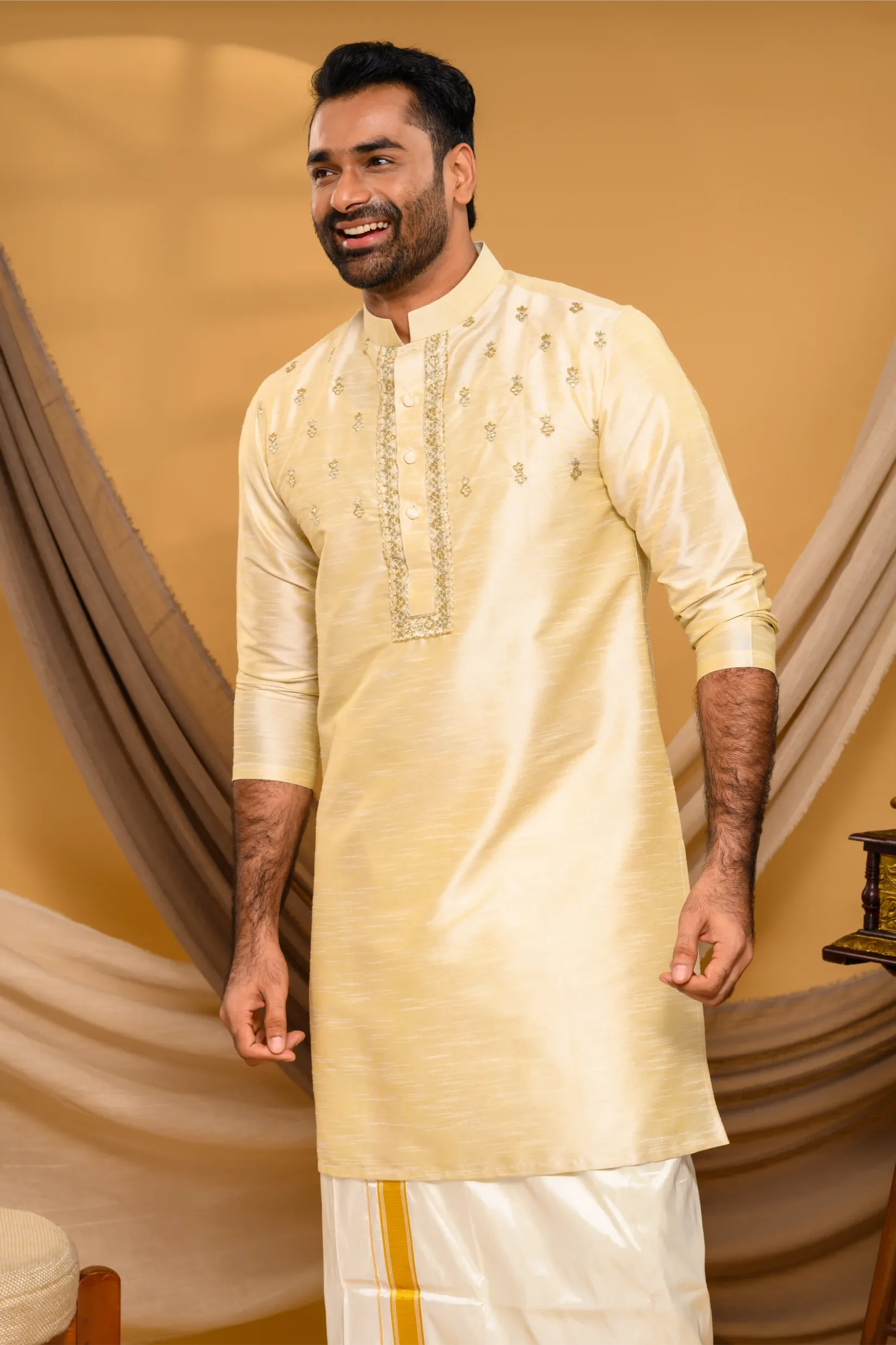 Light Golden Silk Kurta with Golden Handwork detailing on placket border & Chest (Kurta + Munde)