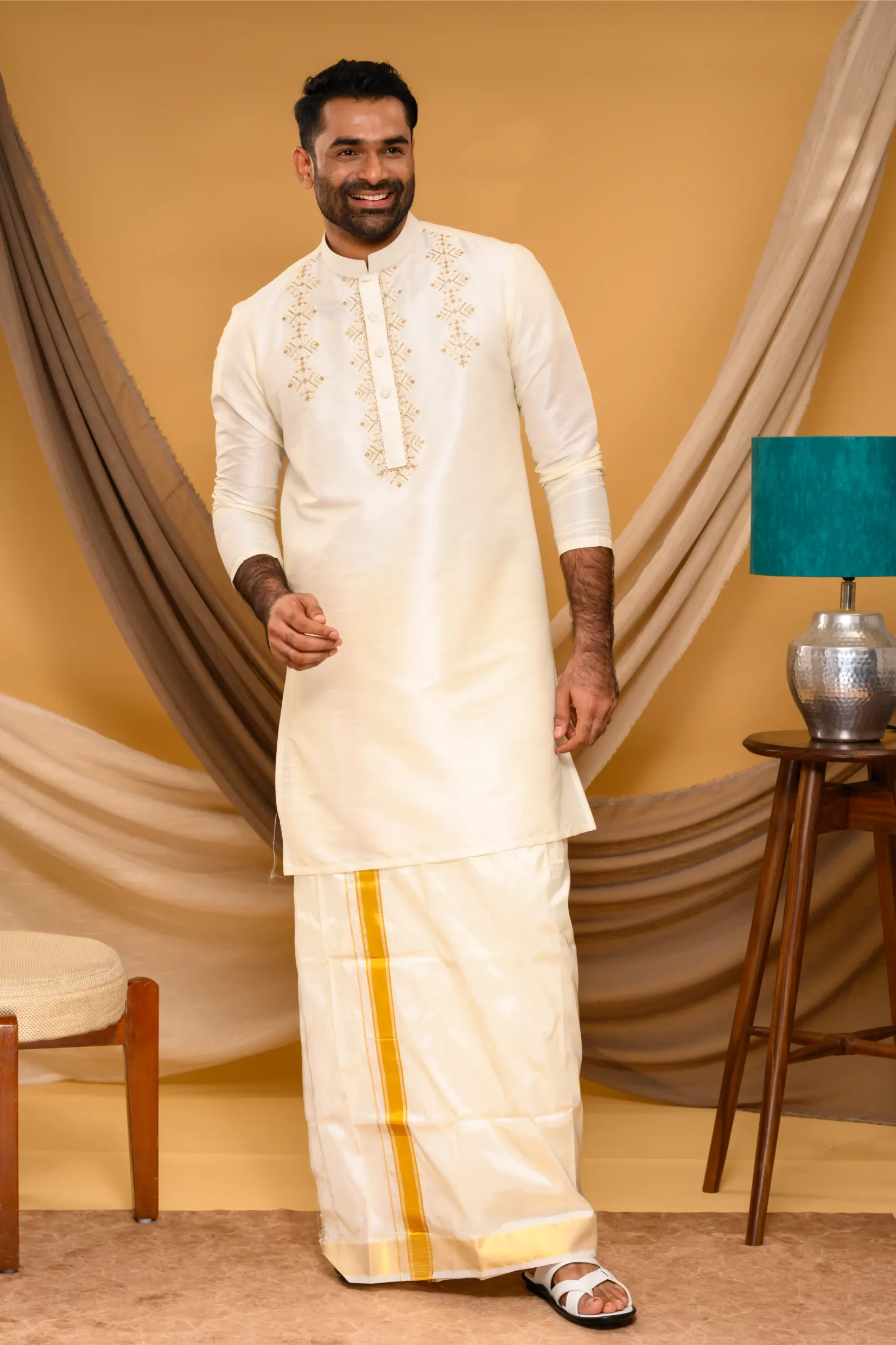 Ivory Silk Kurta with Hand Embroidery detailing on Placket & Chest (Kurta Only)