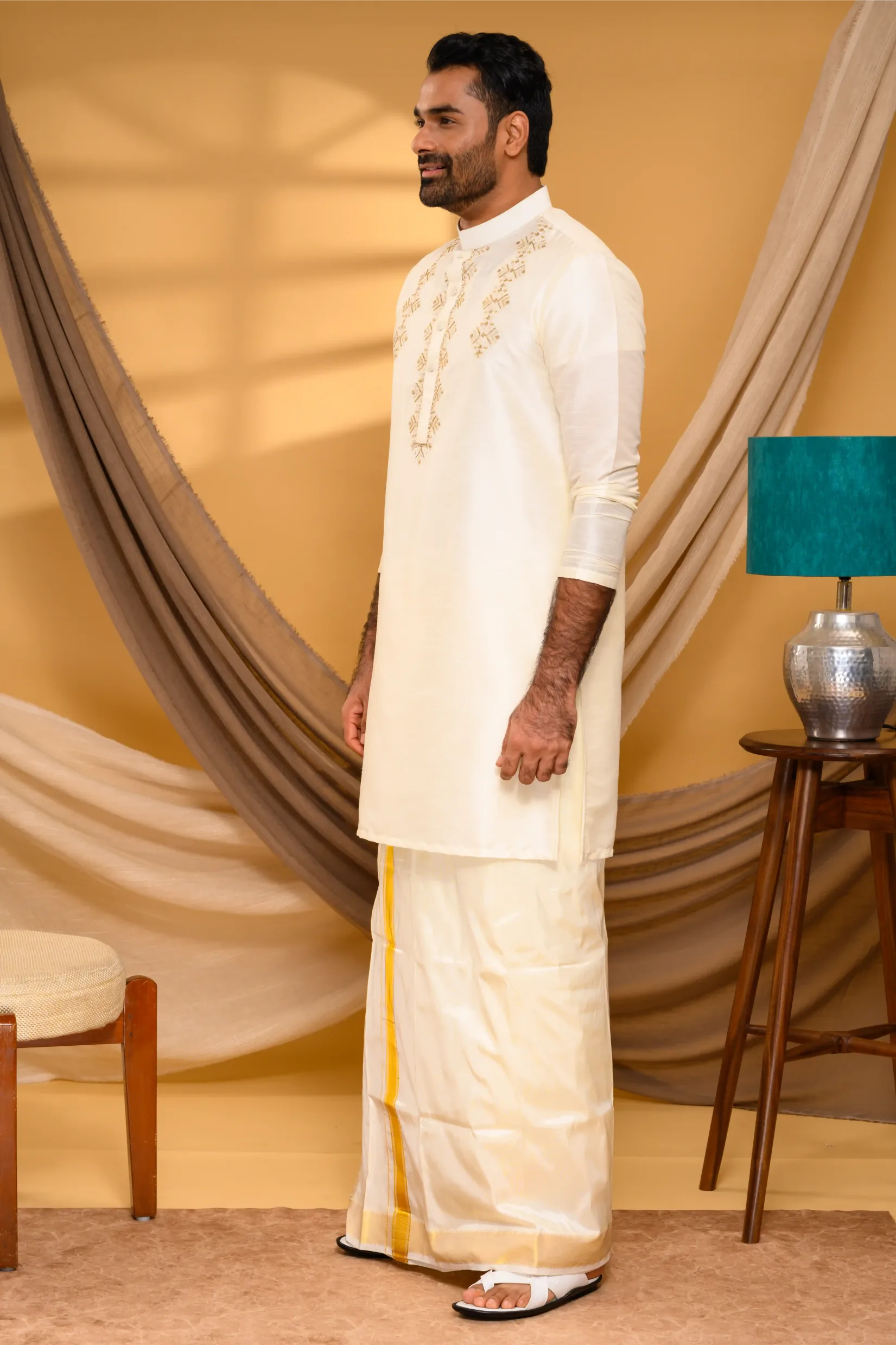 Ivory Silk Kurta with Hand Embroidery detailing on Placket & Chest (Kurta Only)
