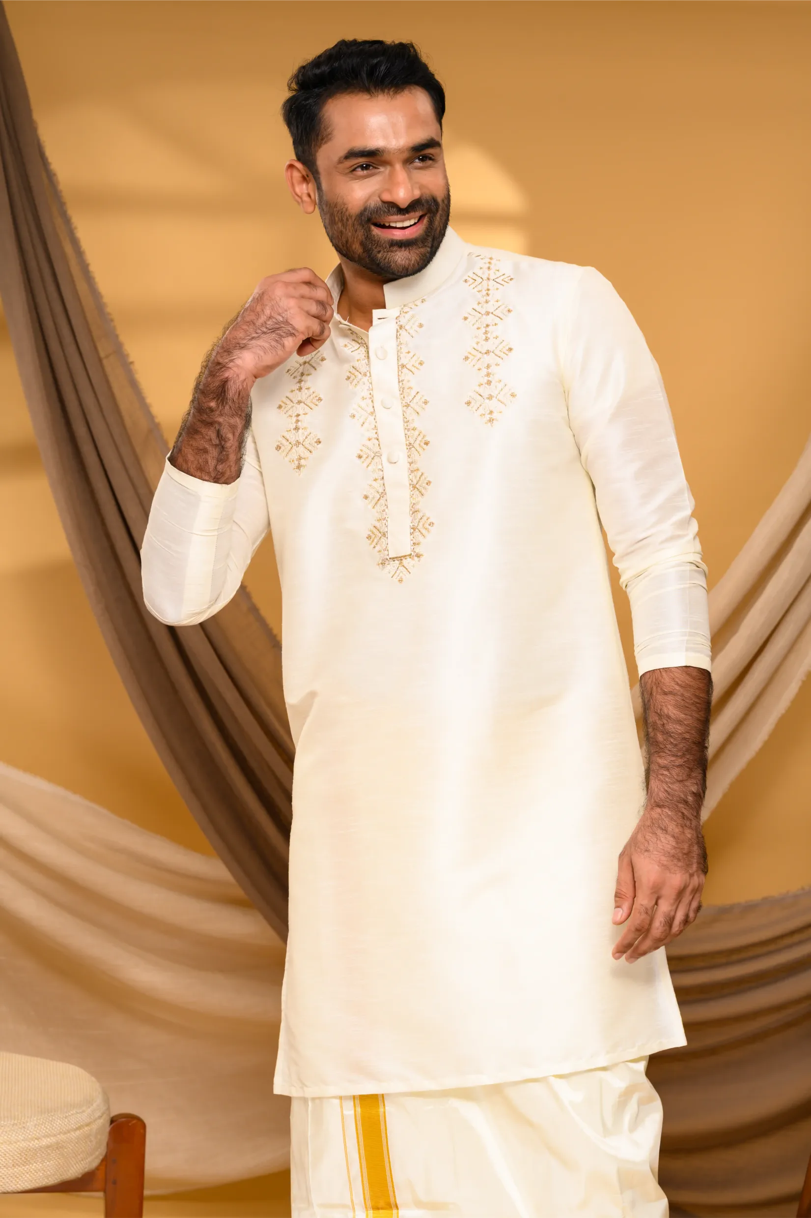 Ivory Silk Kurta with Hand Embroidery detailing on Placket & Chest (Kurta Only)