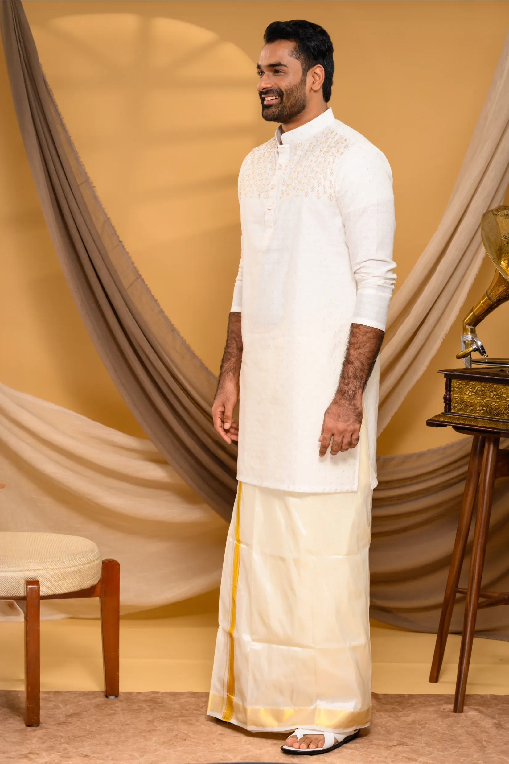 Ivory Silk Kurta with Hand Embroidery detailing only on Chest (Kurta Only)