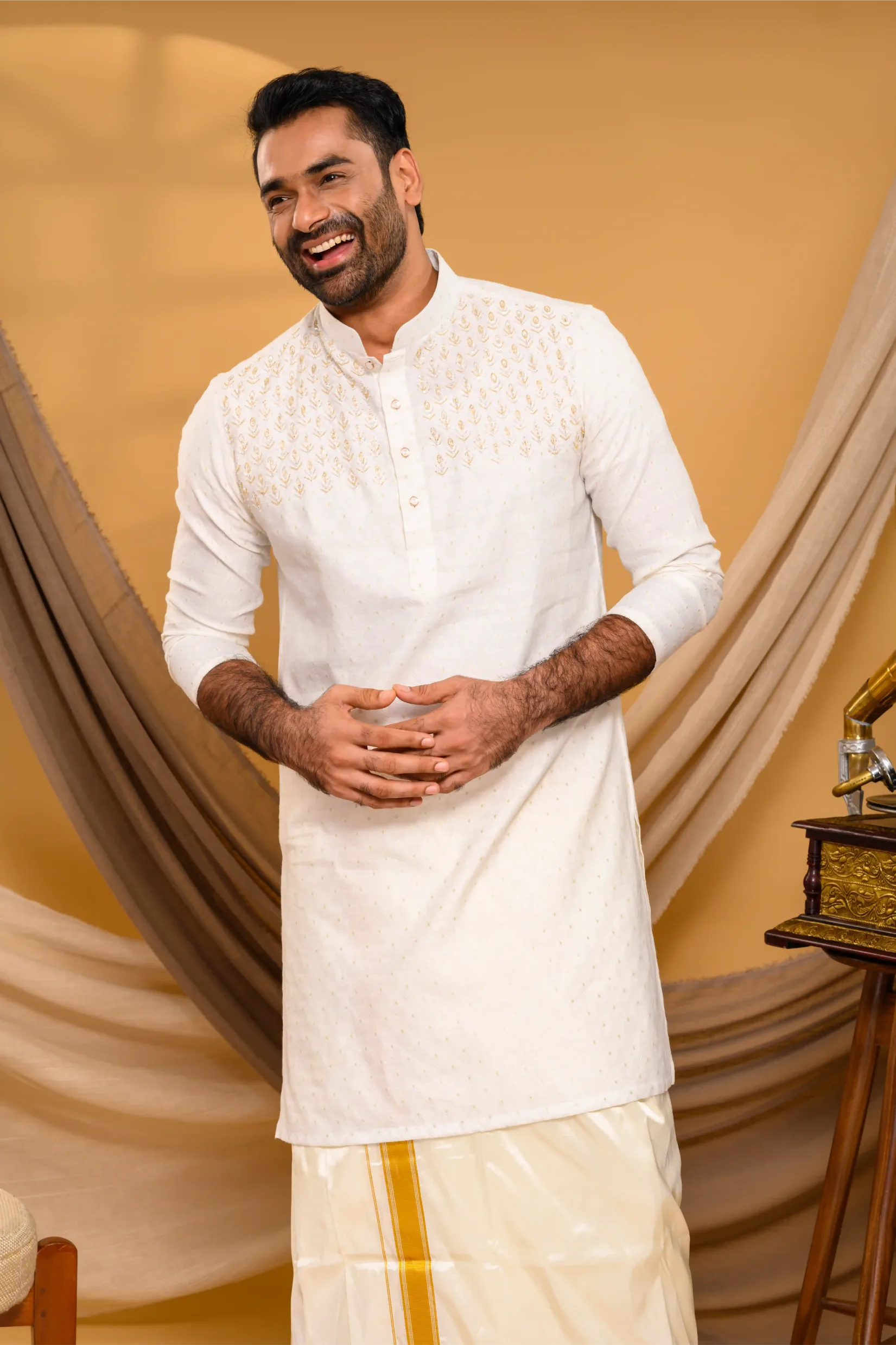Ivory Silk Kurta with Hand Embroidery detailing only on Chest (Kurta Only)