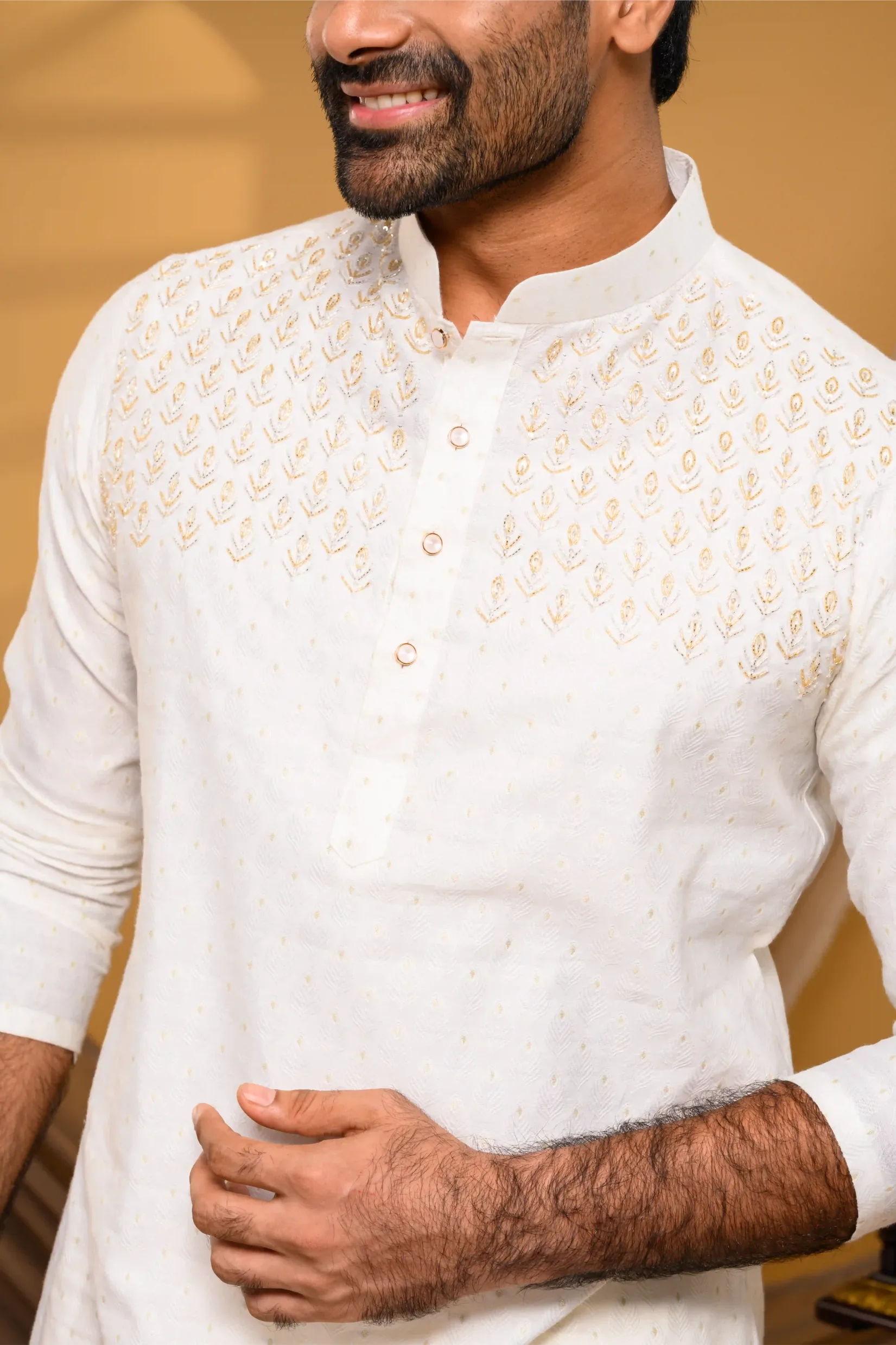 Ivory Silk Kurta with Hand Embroidery detailing only on Chest (Kurta Only)