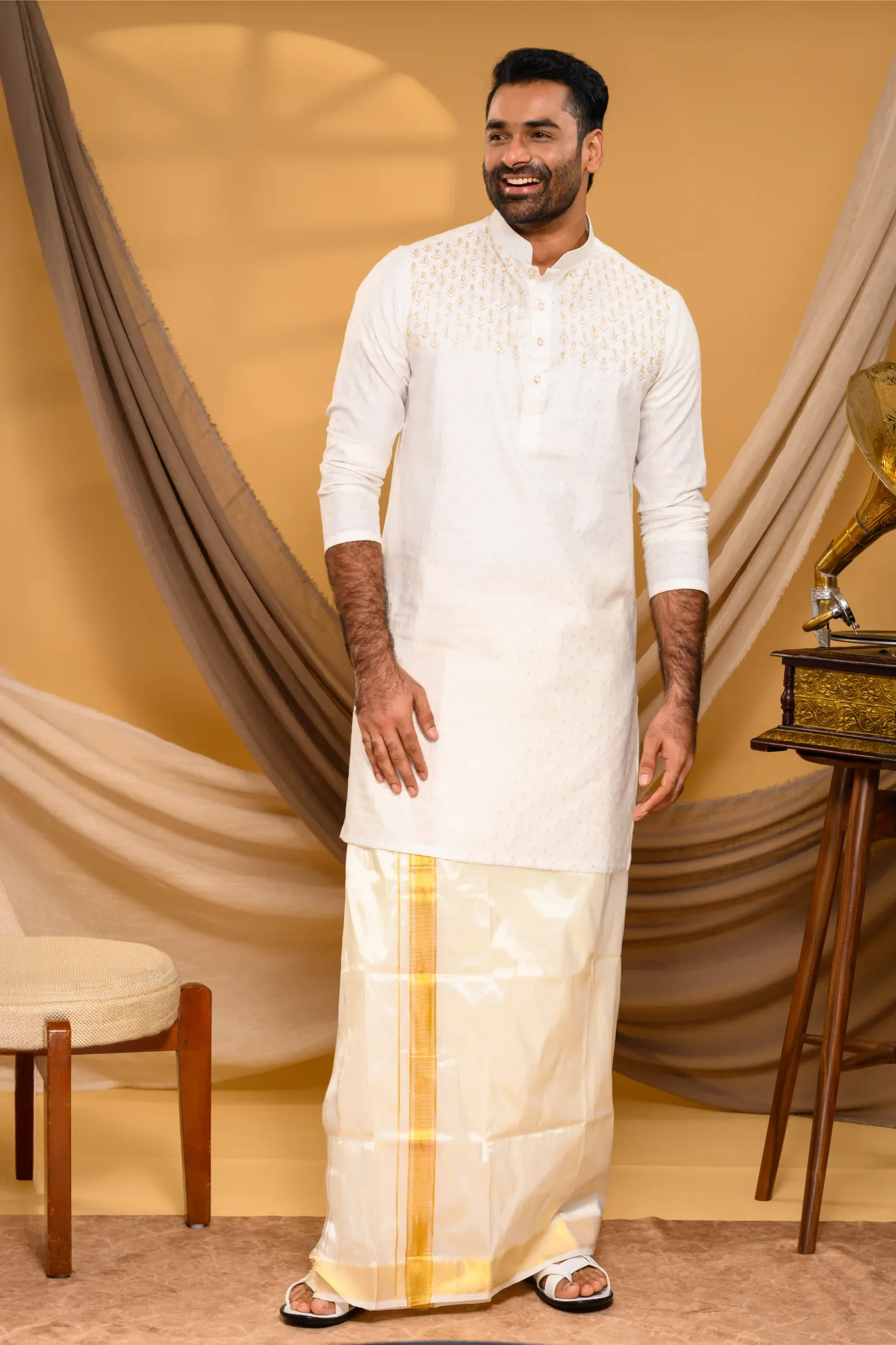 Ivory Silk Kurta with Hand Embroidery detailing only on Chest (Kurta Only)