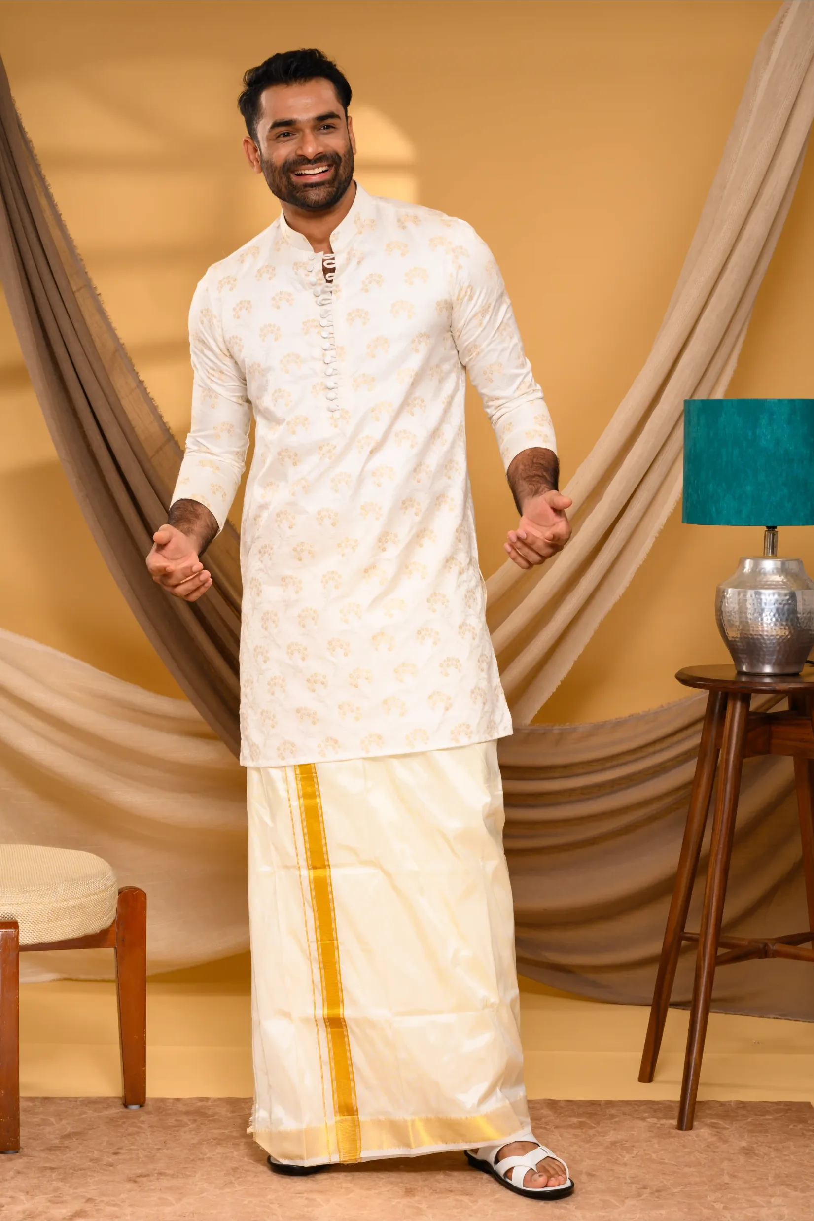 Ivory Silk Jacquard Kurta with Surface Embroidery detailing (Kurta Only)