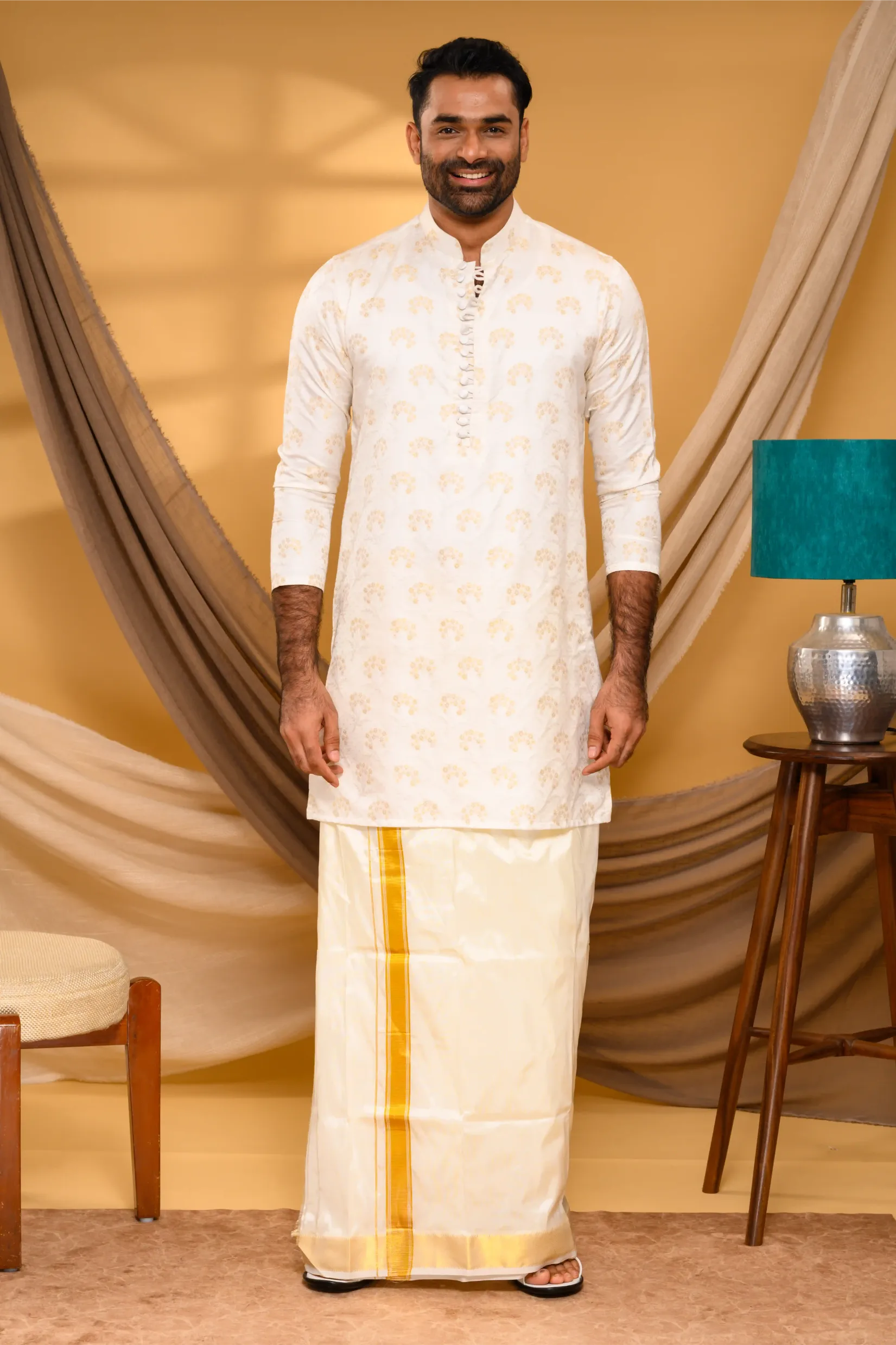 Ivory Silk Jacquard Kurta with Surface Embroidery detailing (Kurta Only)
