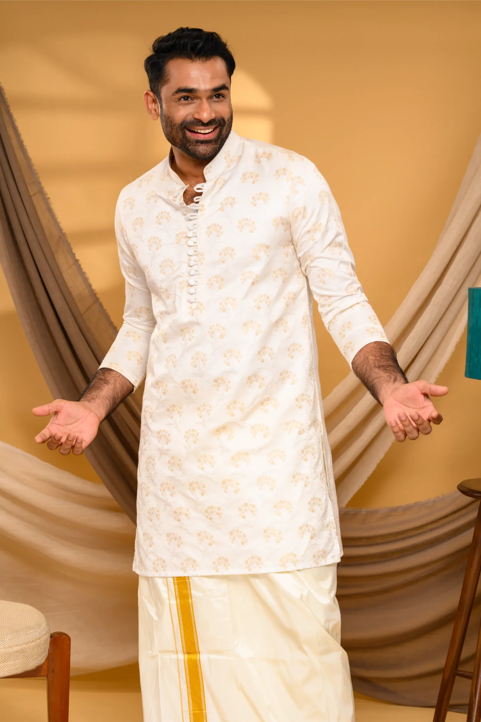 Ivory Silk Jacquard Kurta with Surface Embroidery detailing (Kurta Only)
