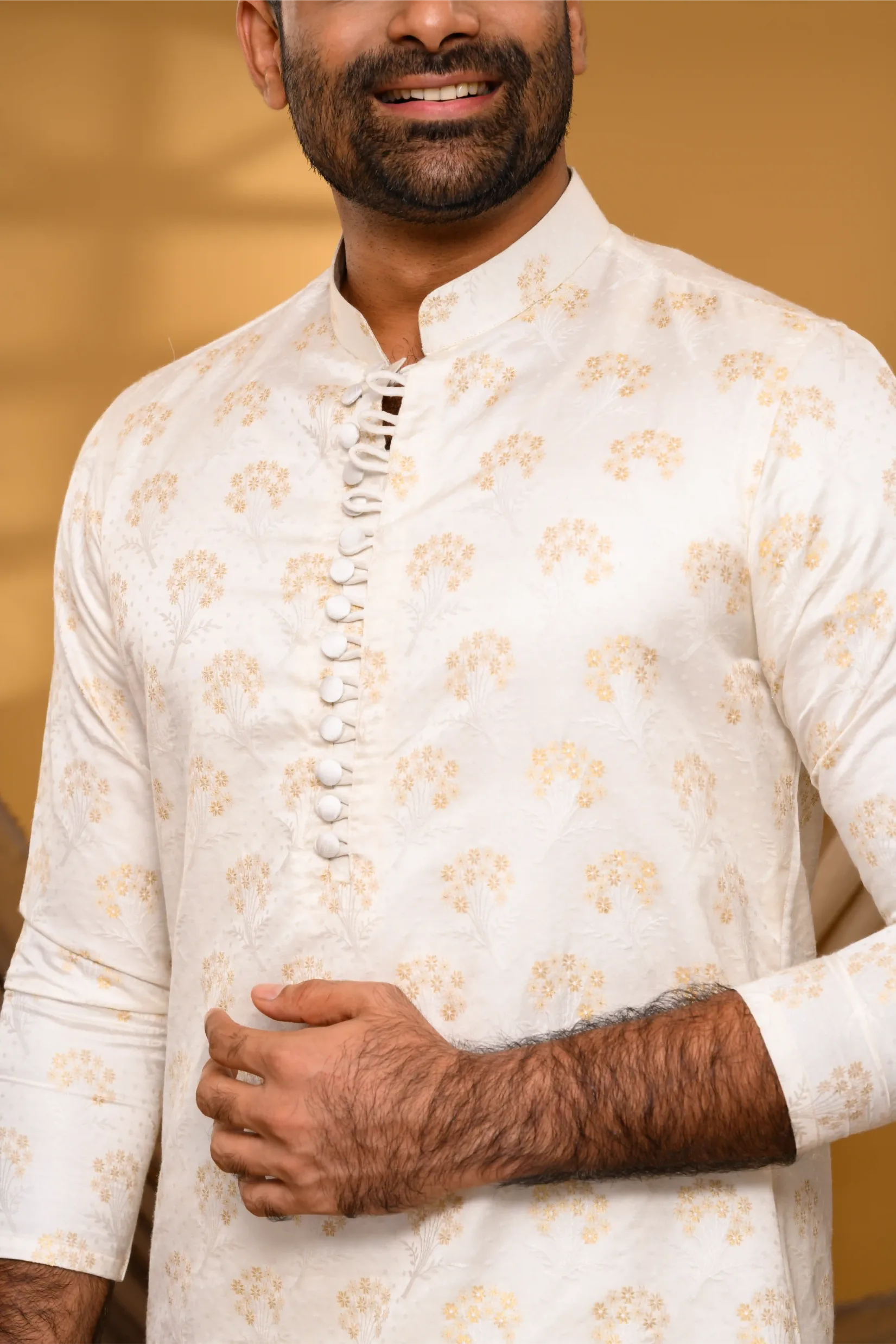 Ivory Silk Jacquard Kurta with Surface Embroidery detailing (Kurta Only)