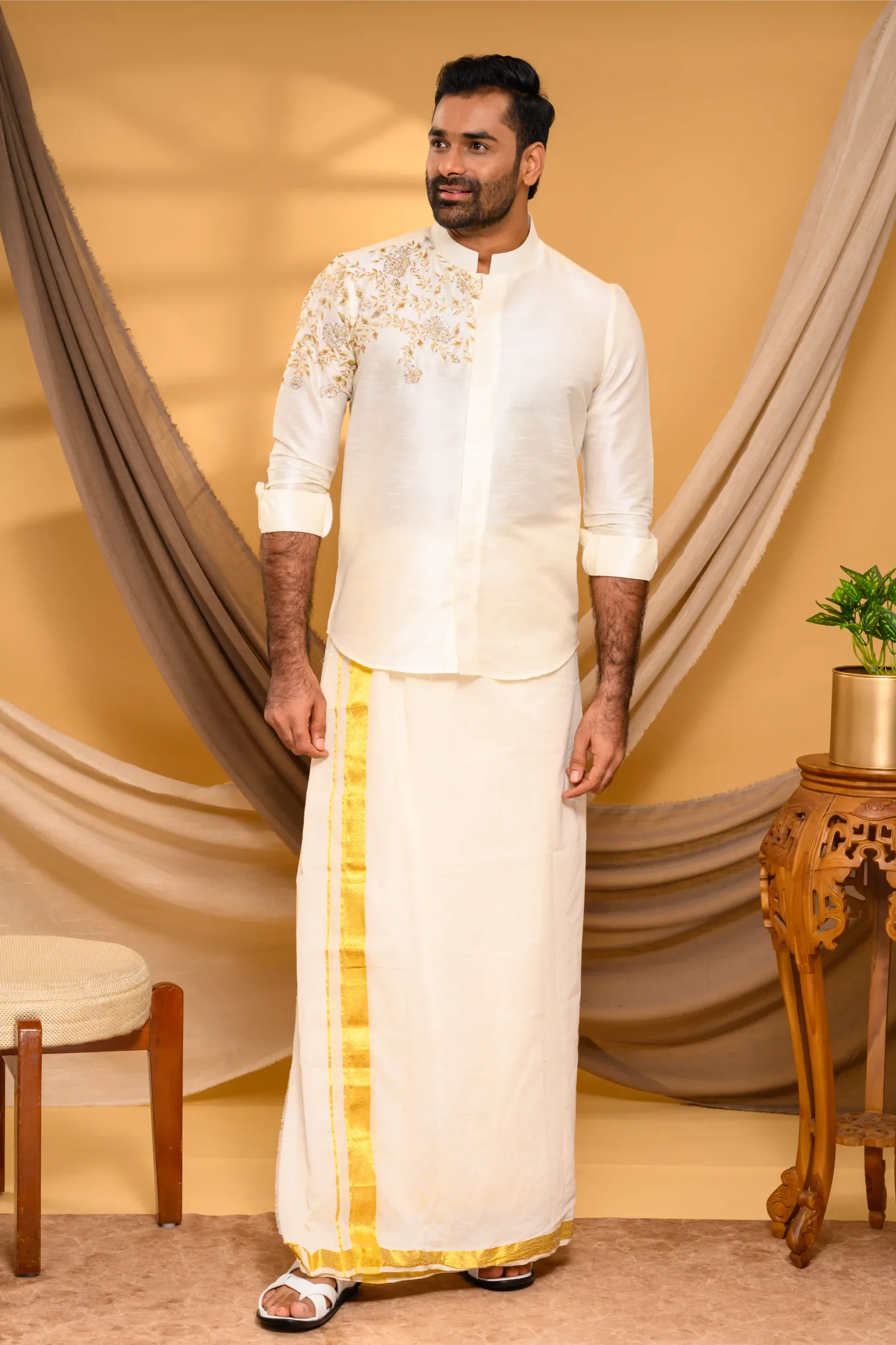 Ivory Silk Traditional Shirt with Hand Embroidery detailing on Single SIde (Shirt Only)