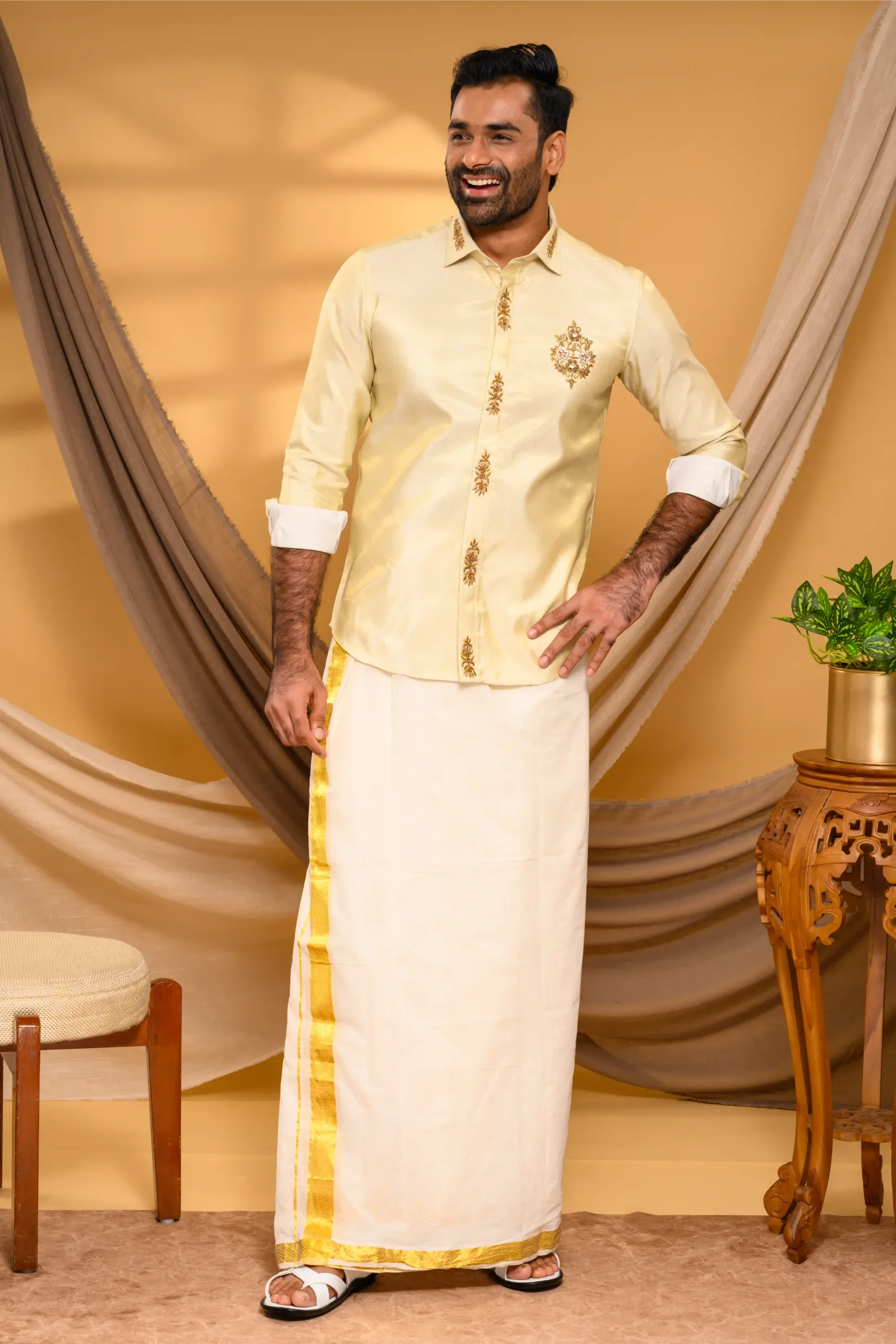 Light Golden Tissue Silk Shirt with Light Hand Embroidery Detailing (Shirt Only )
