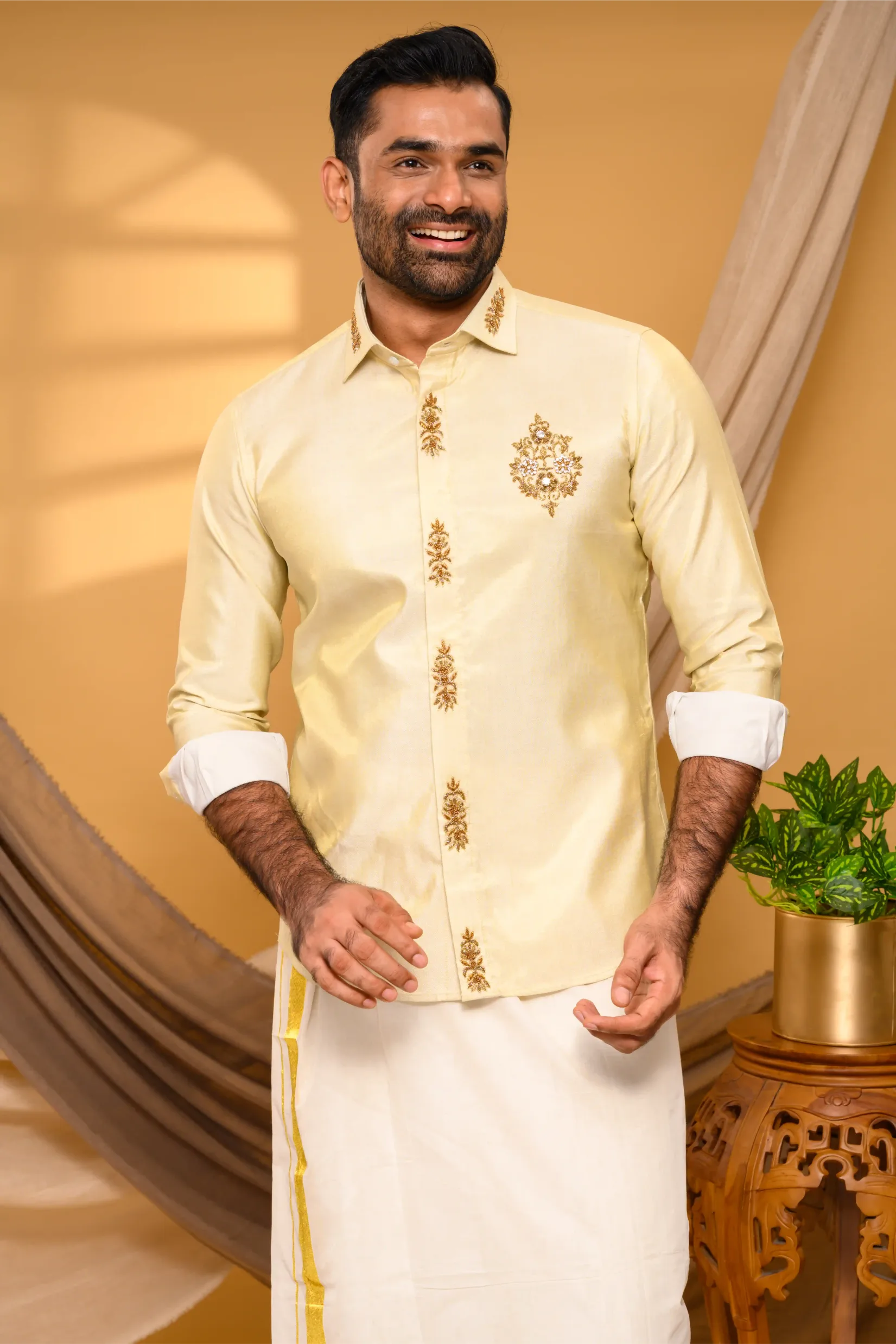 Light Golden Tissue Silk Shirt with Light Hand Embroidery Detailing (Shirt Only )