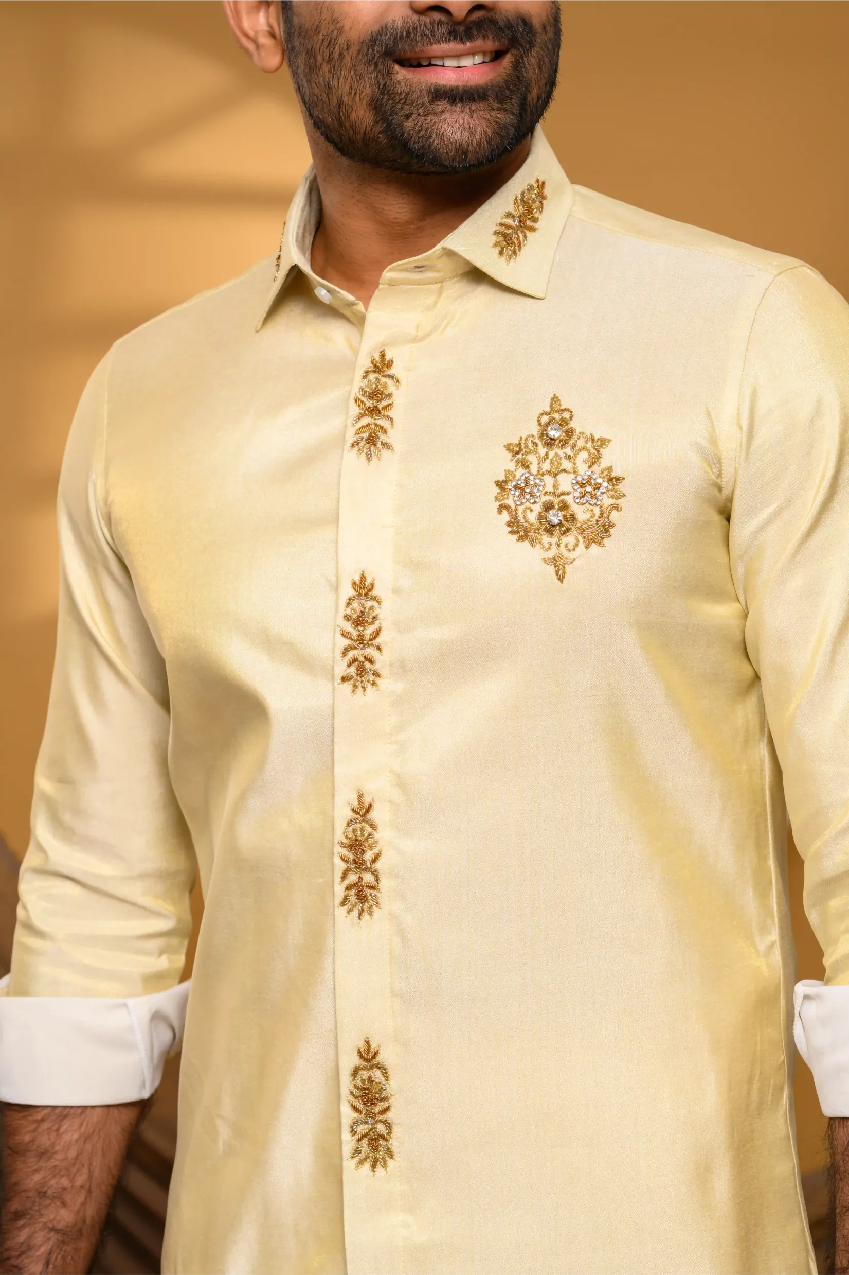 Light Golden Tissue Silk Shirt with Light Hand Embroidery Detailing (Shirt + Munde)