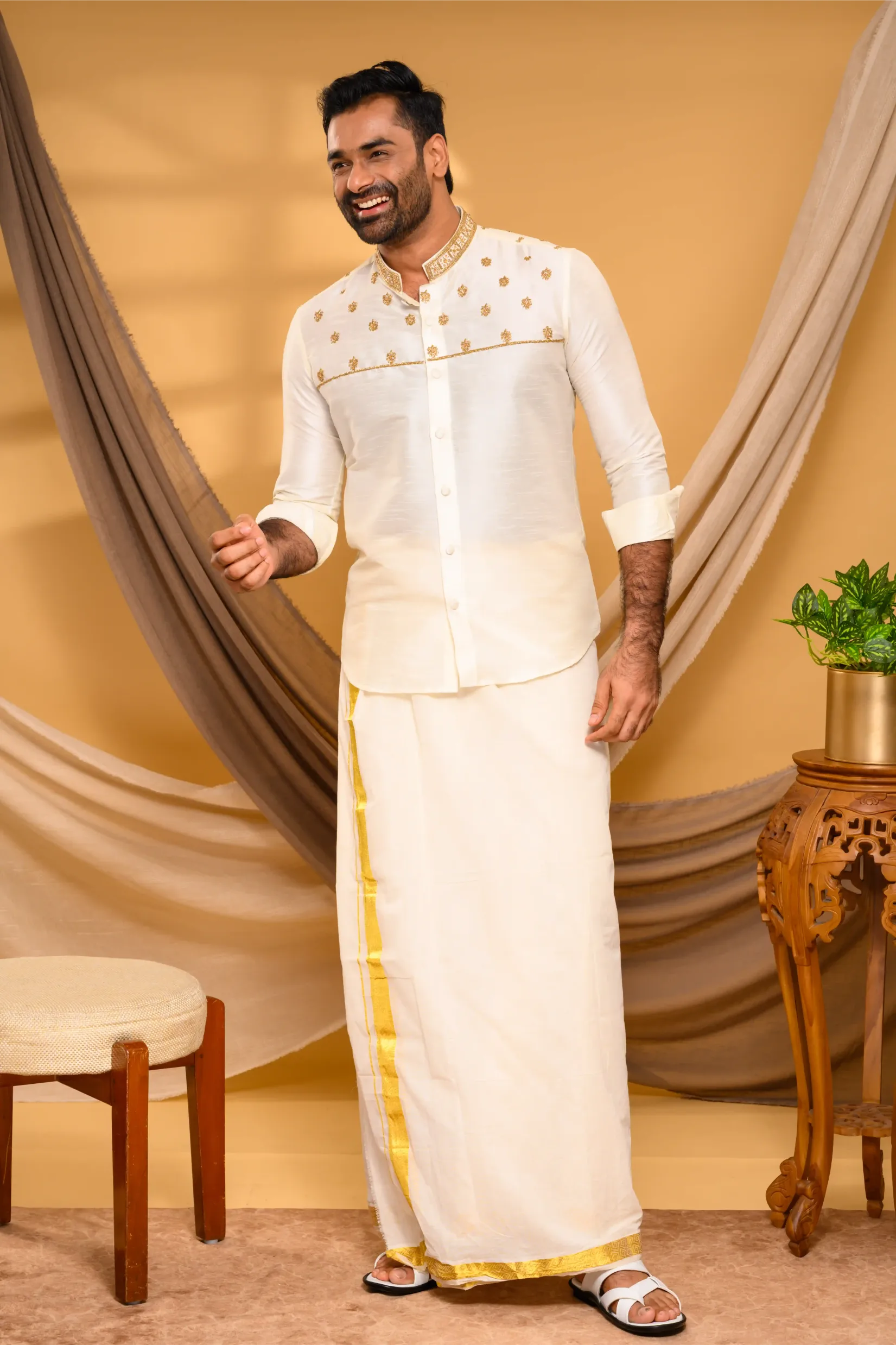 Ivory Silk Traditional Shirt with Hand Embroidery detailing on Neck & Chest (Shirt Only)