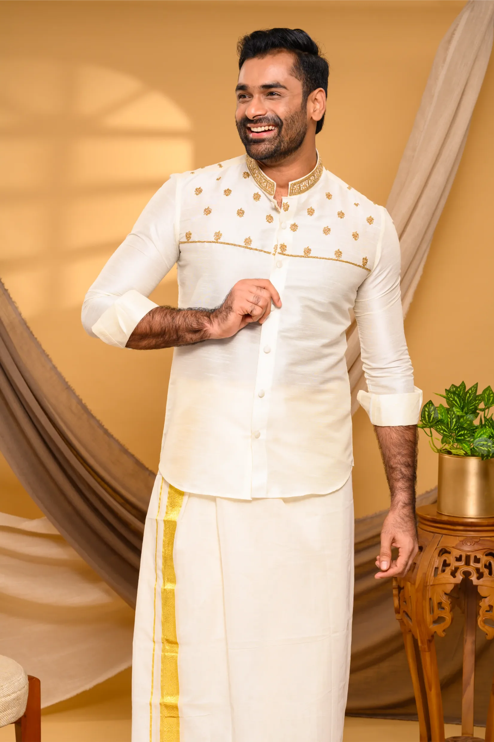 Ivory Silk Traditional Shirt with Hand Embroidery detailing on Neck & Chest (Shirt Only)