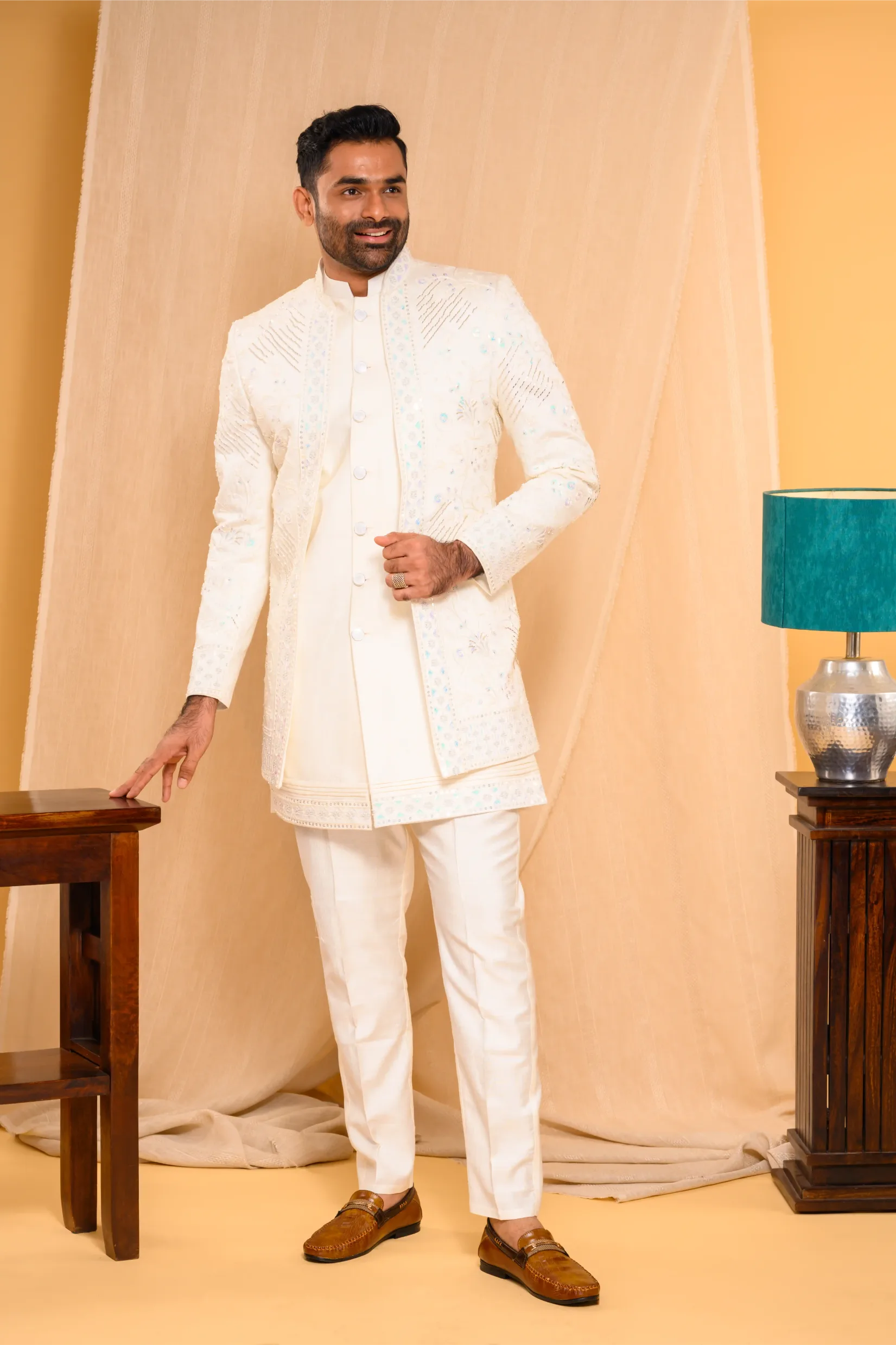 Embroidered Seashell Shade Open Indo Western Slim Jacket paired with Kurta & Narrow Pants (Set of 3)