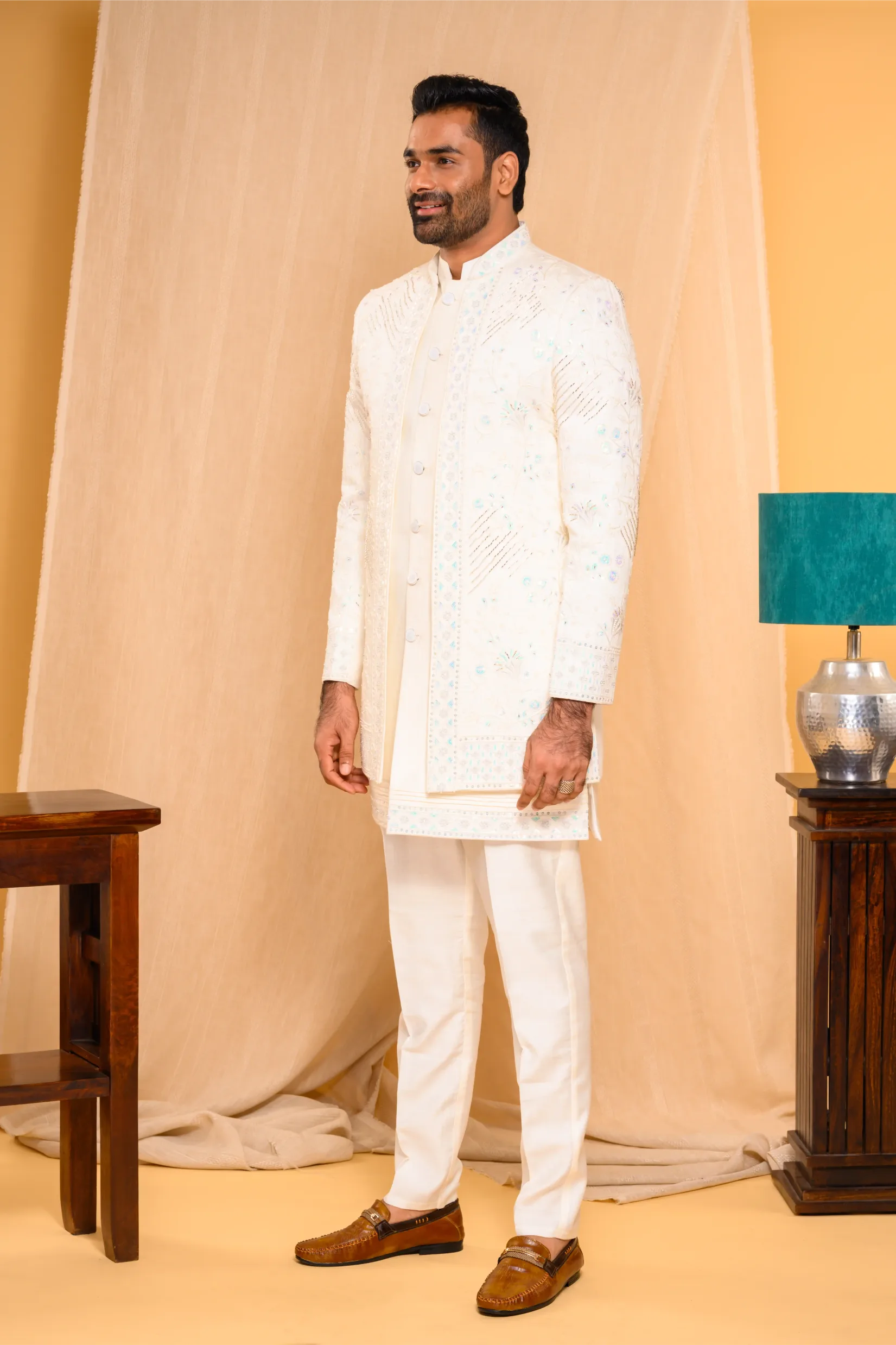 Embroidered Seashell Shade Open Indo Western Slim Jacket paired with Kurta & Narrow Pants (Set of 3)