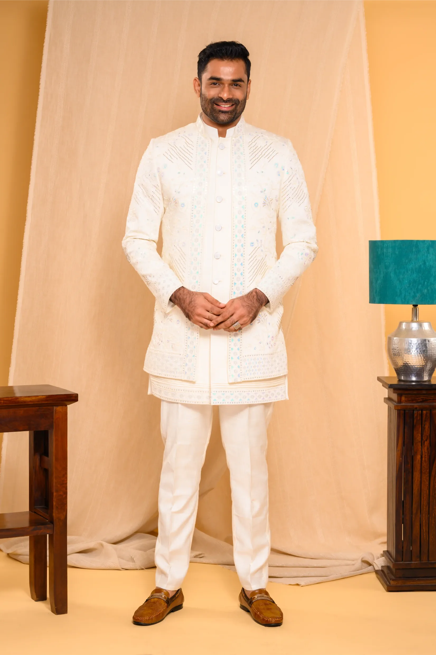 Embroidered Seashell Shade Open Indo Western Slim Jacket paired with Kurta & Narrow Pants (Set of 3)
