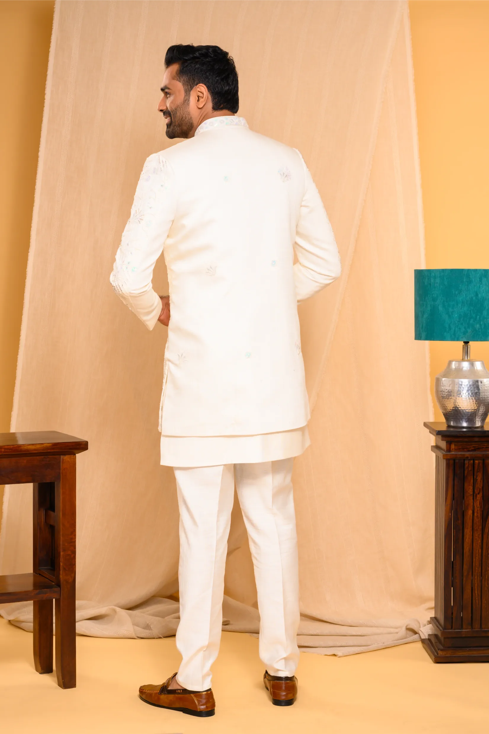 Embroidered Seashell Shade Open Indo Western Slim Jacket paired with Kurta & Narrow Pants (Set of 3)