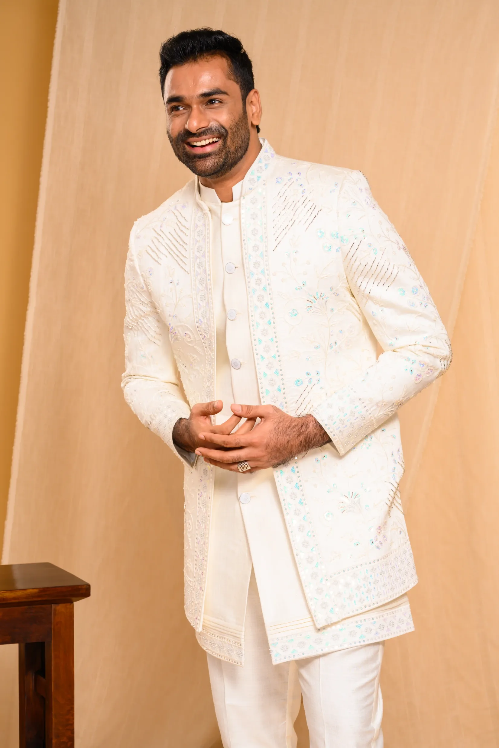 Embroidered Seashell Shade Open Indo Western Slim Jacket paired with Kurta & Narrow Pants (Set of 3)