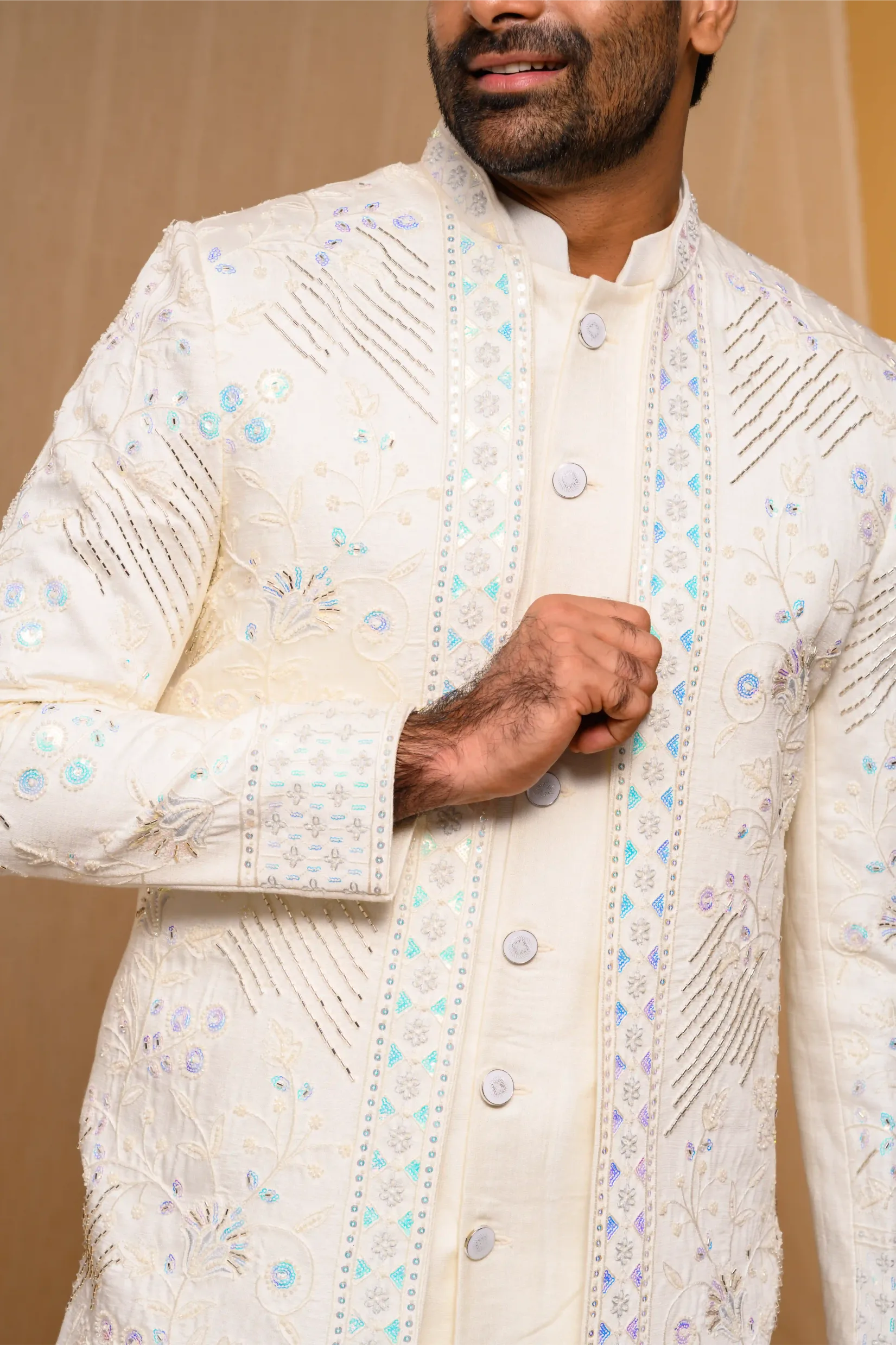Embroidered Seashell Shade Open Indo Western Slim Jacket paired with Kurta & Narrow Pants (Set of 3)