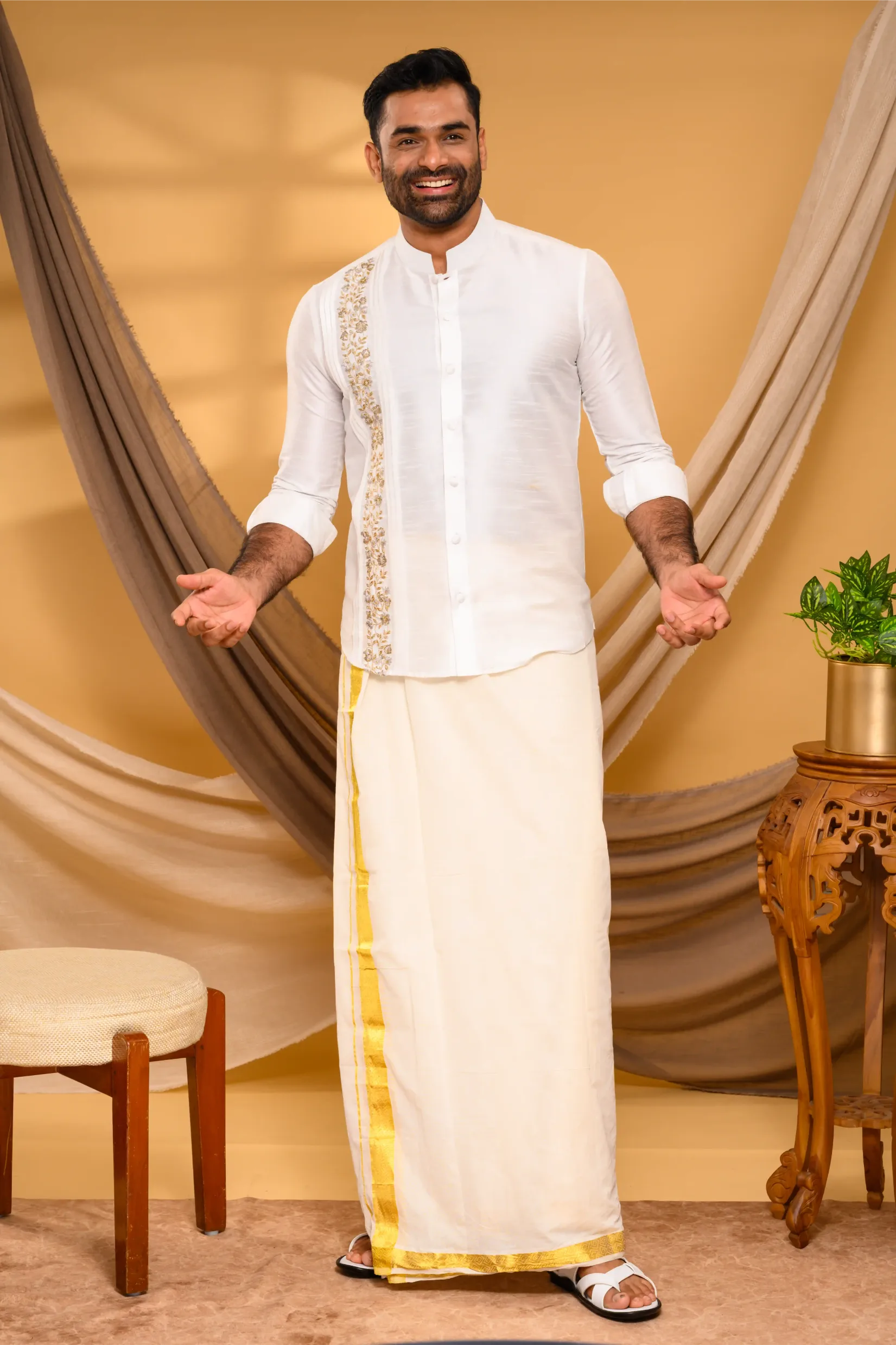 Ivory Silk Traditional Shirt with Pleats & Hand Embroidery detailing on Single Side (Shirt Only)