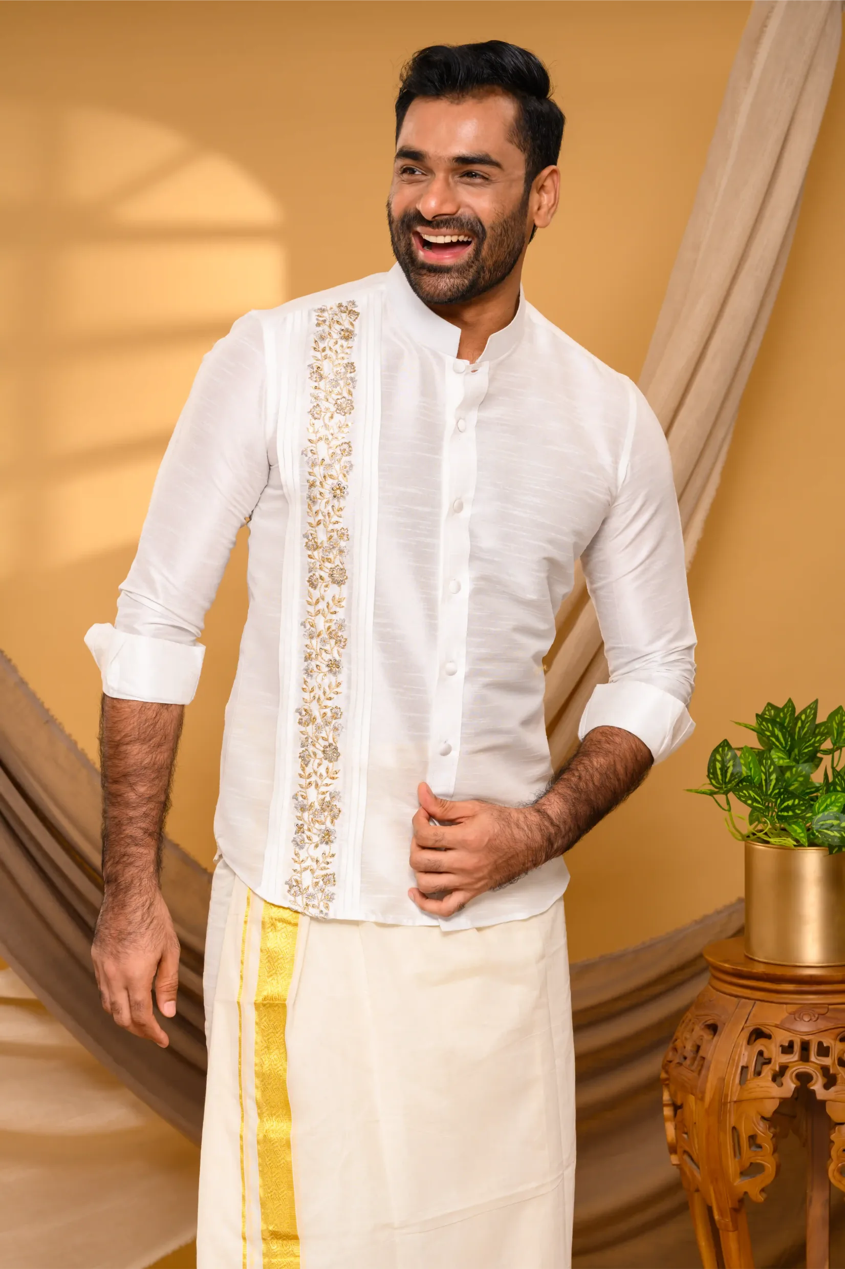 Ivory Silk Traditional Shirt with Pleats & Hand Embroidery detailing on Single Side (Shirt Only)