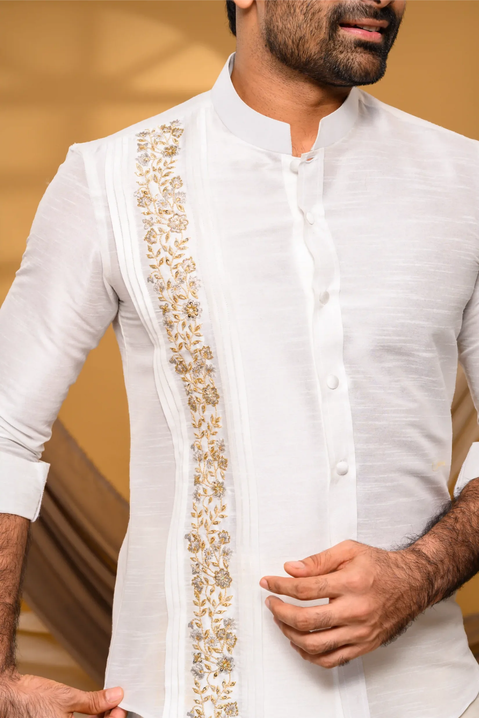 Ivory Silk Traditional Shirt with Pleats & Hand Embroidery detailing on Single Side (Shirt Only)