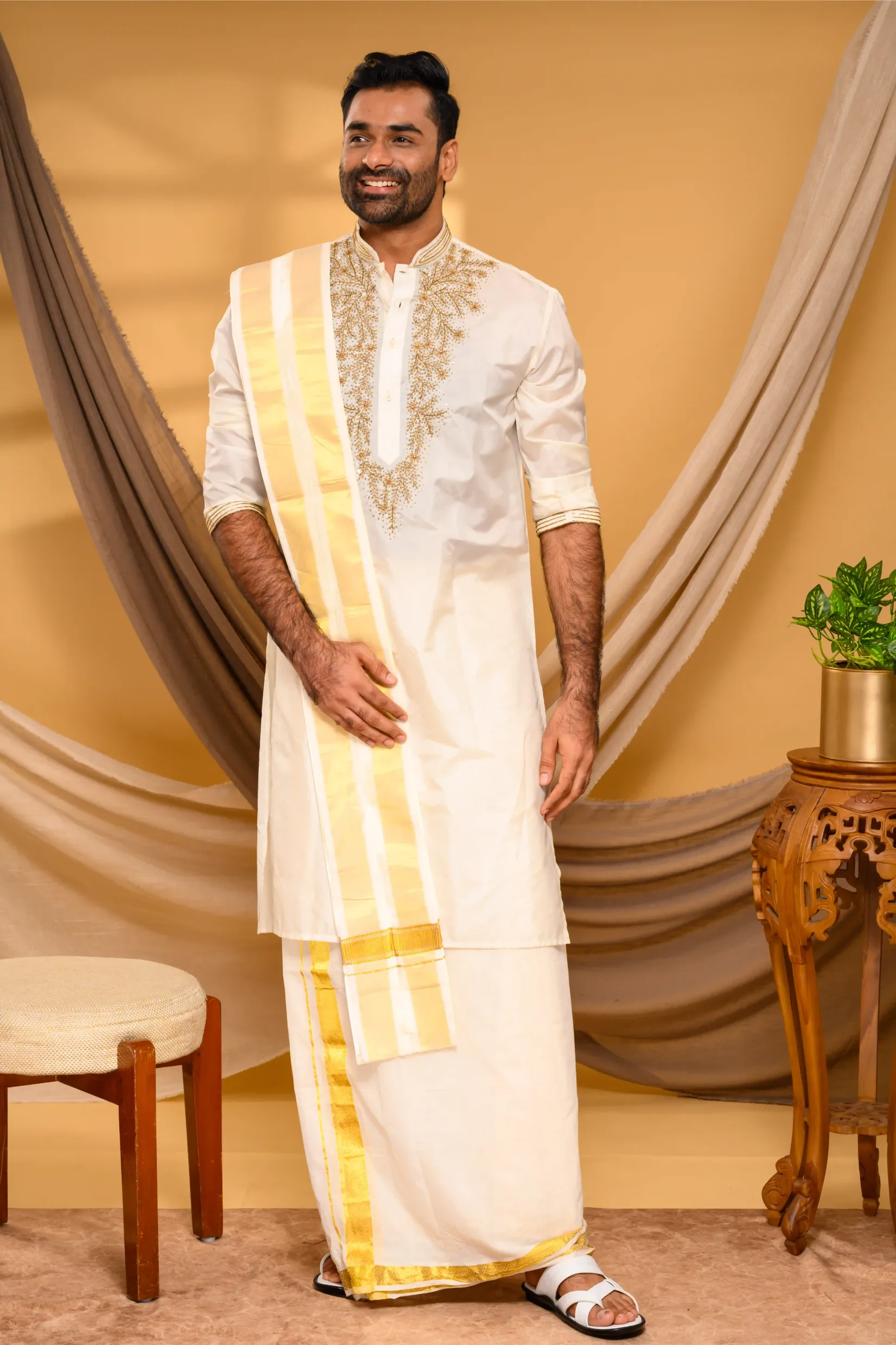 Ivory Silk Kurta with Heavy Hand Embroidery detailing on Chest - Zari Detailing on Neck & Sleeve Edge (Kurta Only)