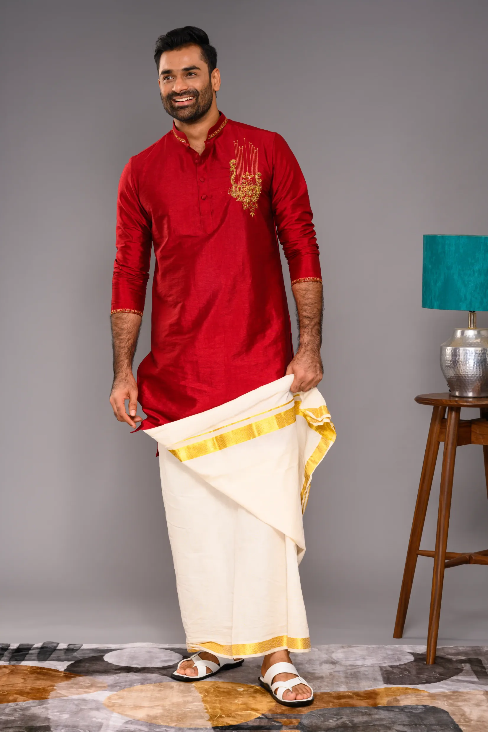 Saffron Red Silk Kurta with Hand Embroidery Motif detailing on Chest - Zari Detailing on Neck & Sleeve Edge (Kurta Only)