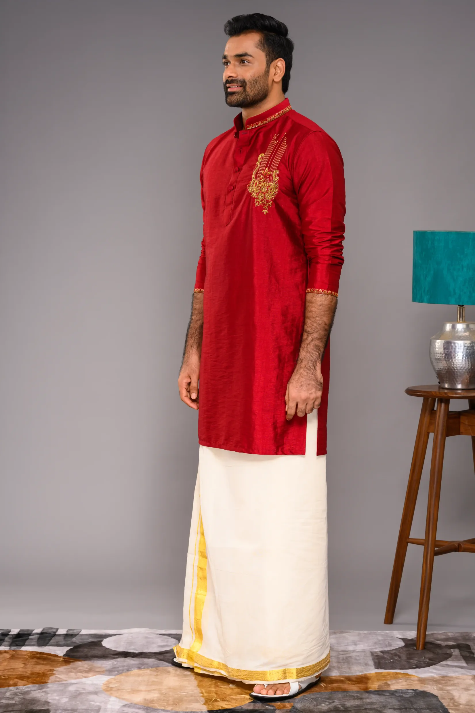 Saffron Red Silk Kurta with Hand Embroidery Motif detailing on Chest - Zari Detailing on Neck & Sleeve Edge (Kurta Only)